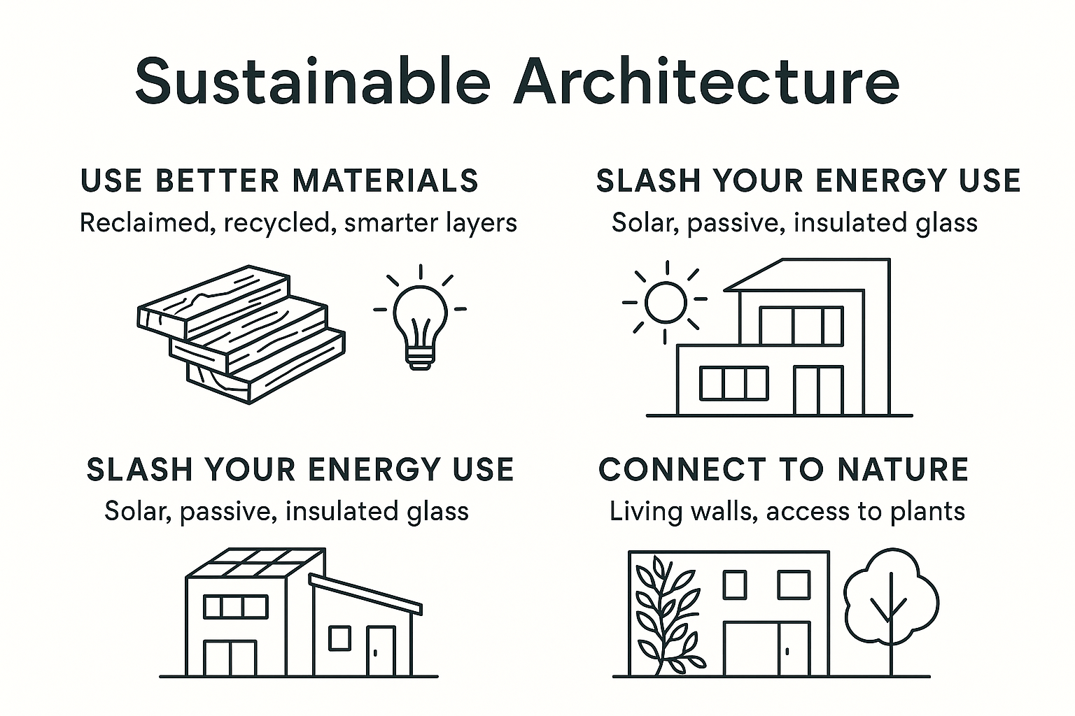 Showing sustainable architecture tips: materials, energy use, and nature integration.