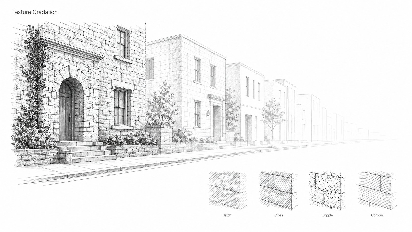 Architectural drawing showing texture gradation, with detailed foreground masonry and simplified background buildings, plus small samples of hatching, cross-hatching, stippling, and contour hatching.