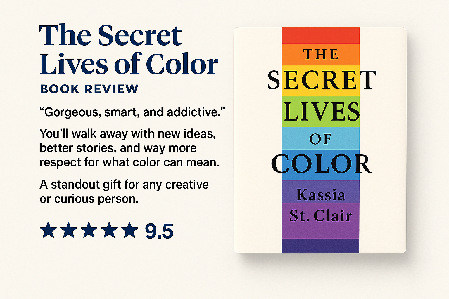 Book review graphic for "The Secret Lives of Color" with colorful book cover and 9.5 rating.