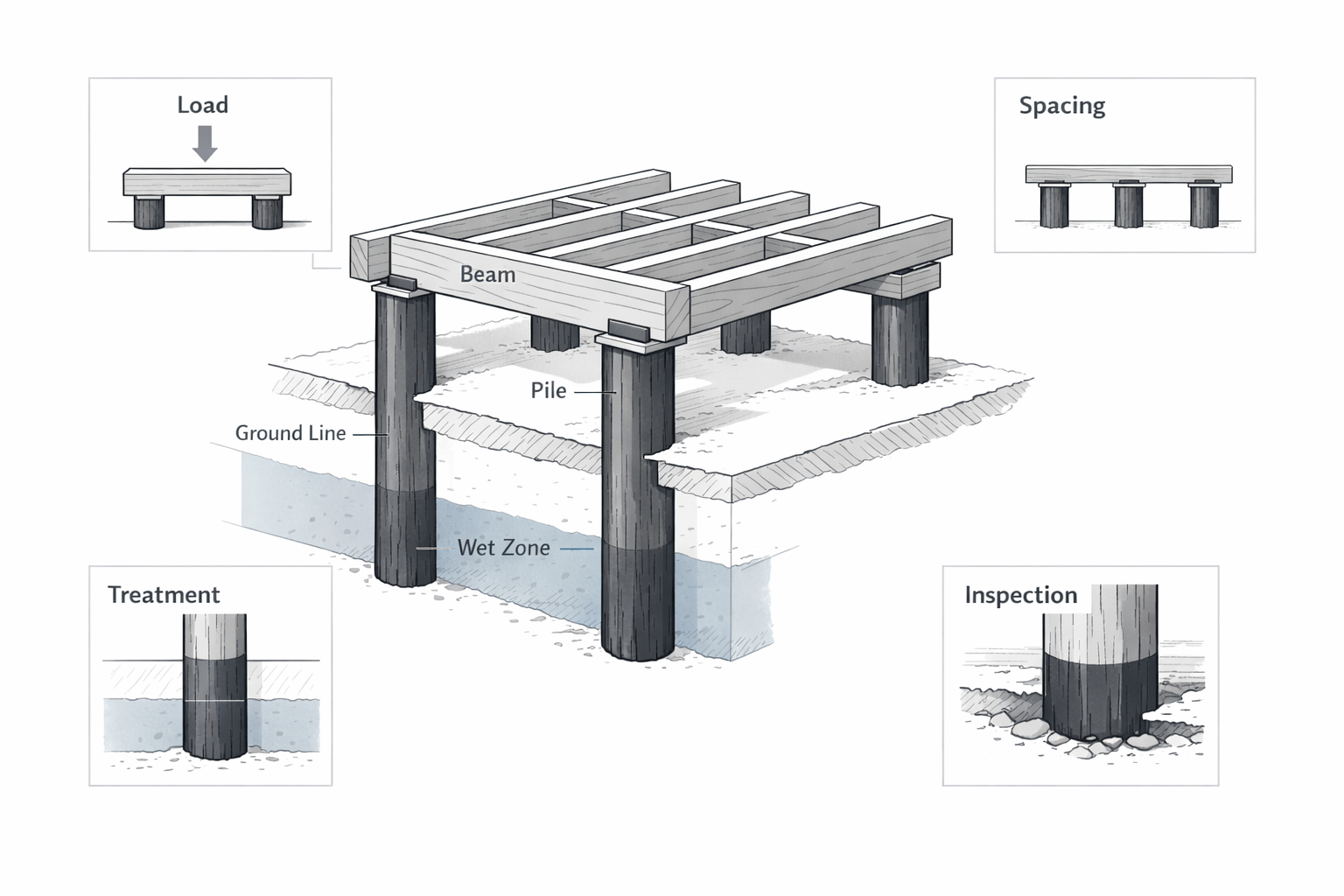 Simple technical illustration showing timber pile load capacity, spacing, treatment, and stability factors.