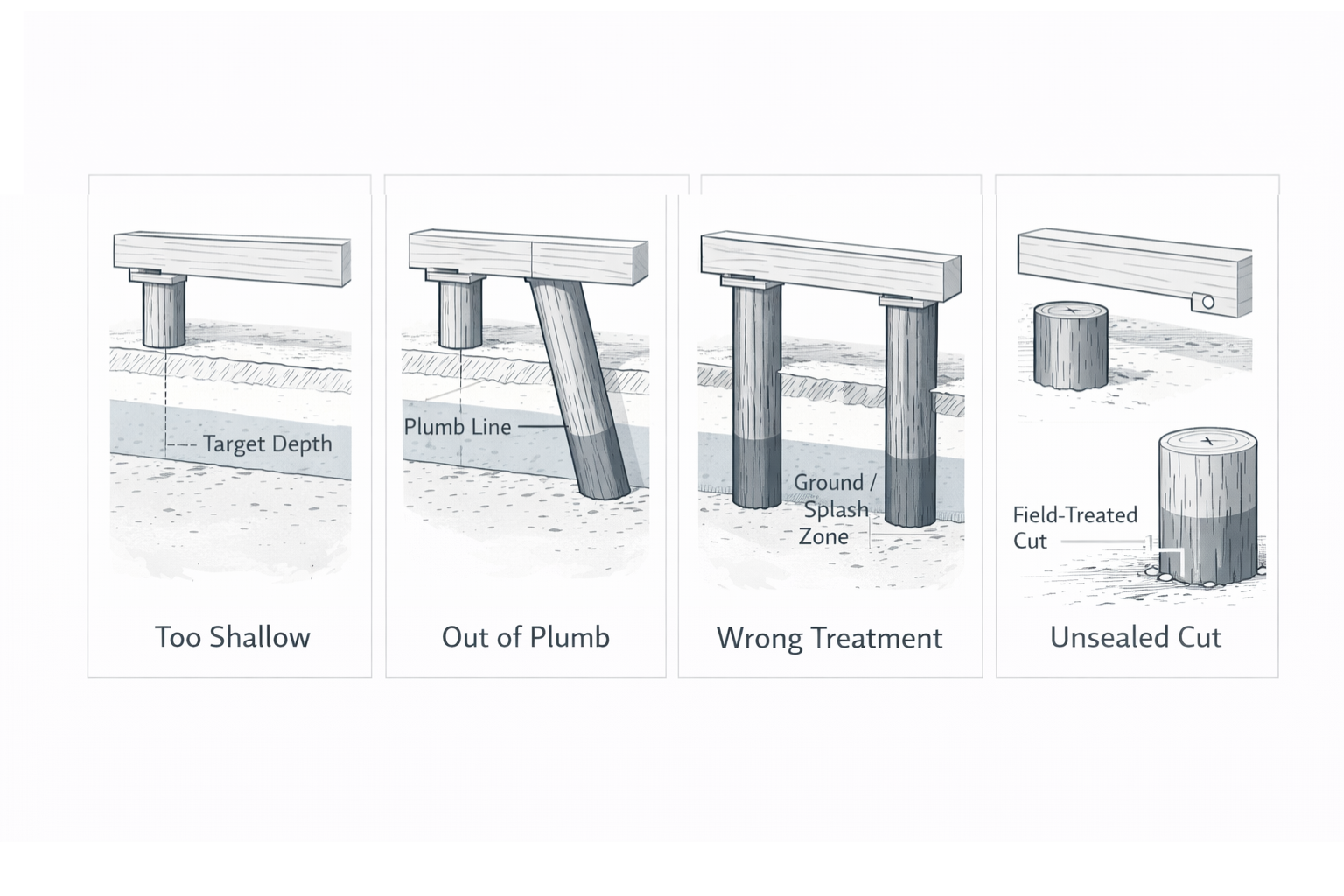 Highlighting four common timber pile mistakes—depth, alignment, sealant, and treatment—with blue sketch icons.