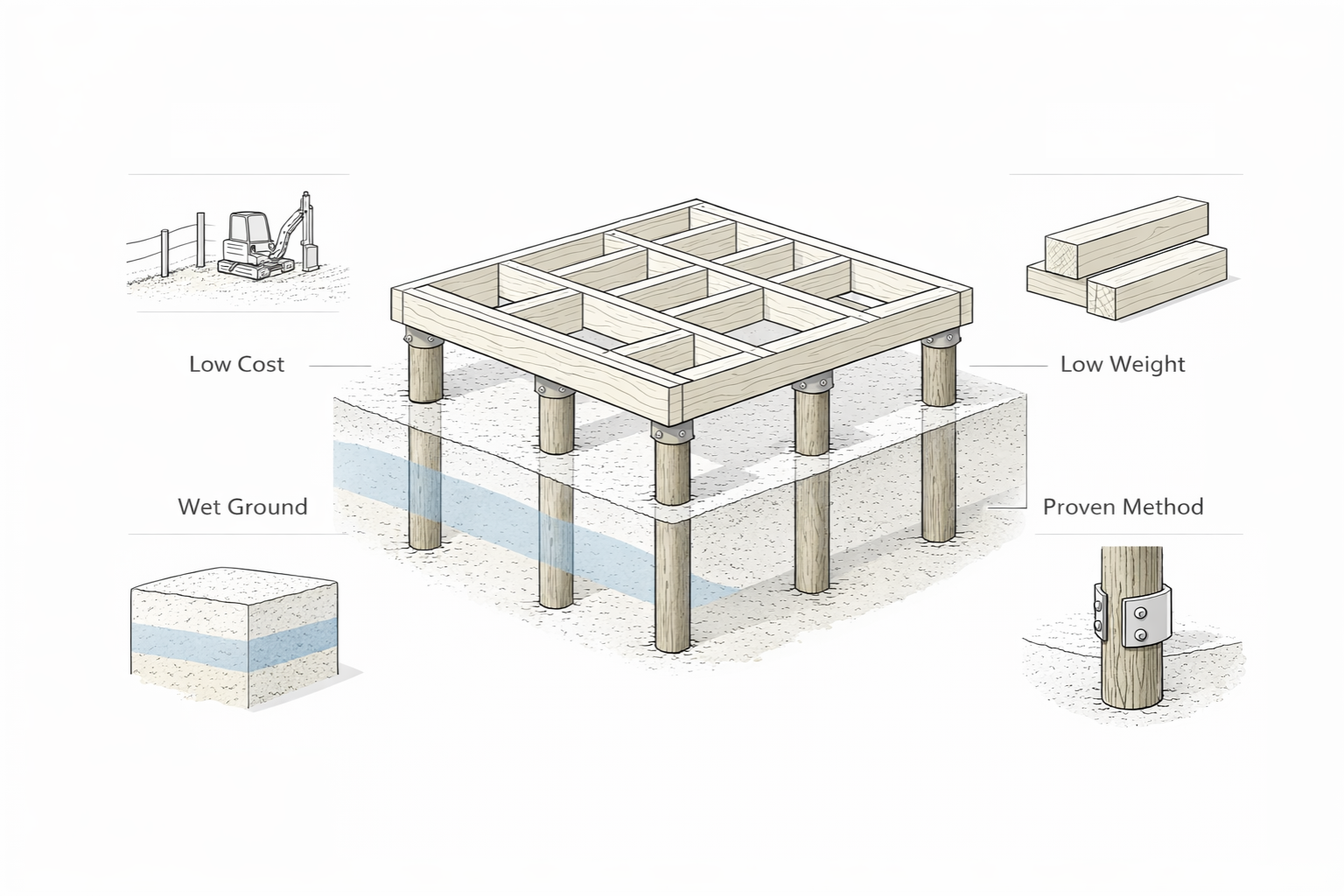 Infographic showing four reasons to use timber piling: eco-friendly, affordable, lightweight, and tough.