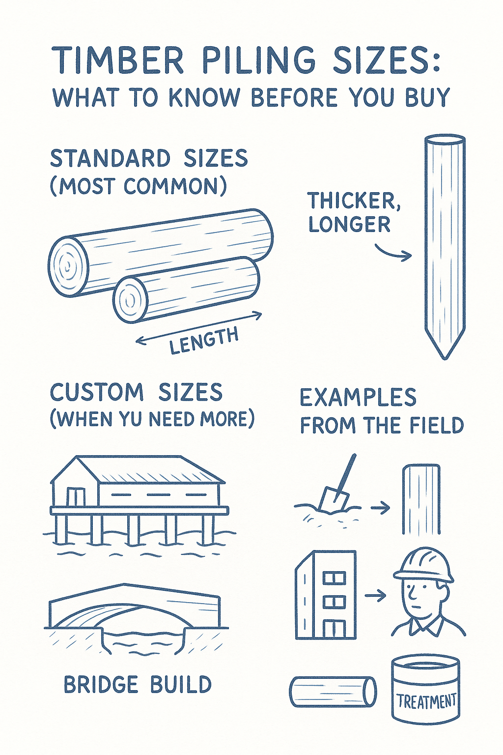 Showing timber pile sizing, custom use cases, and selection tips.