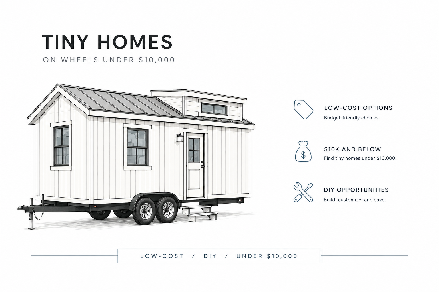 Tiny home on wheels illustration with low-cost, DIY, and under $10,000 buying options.
