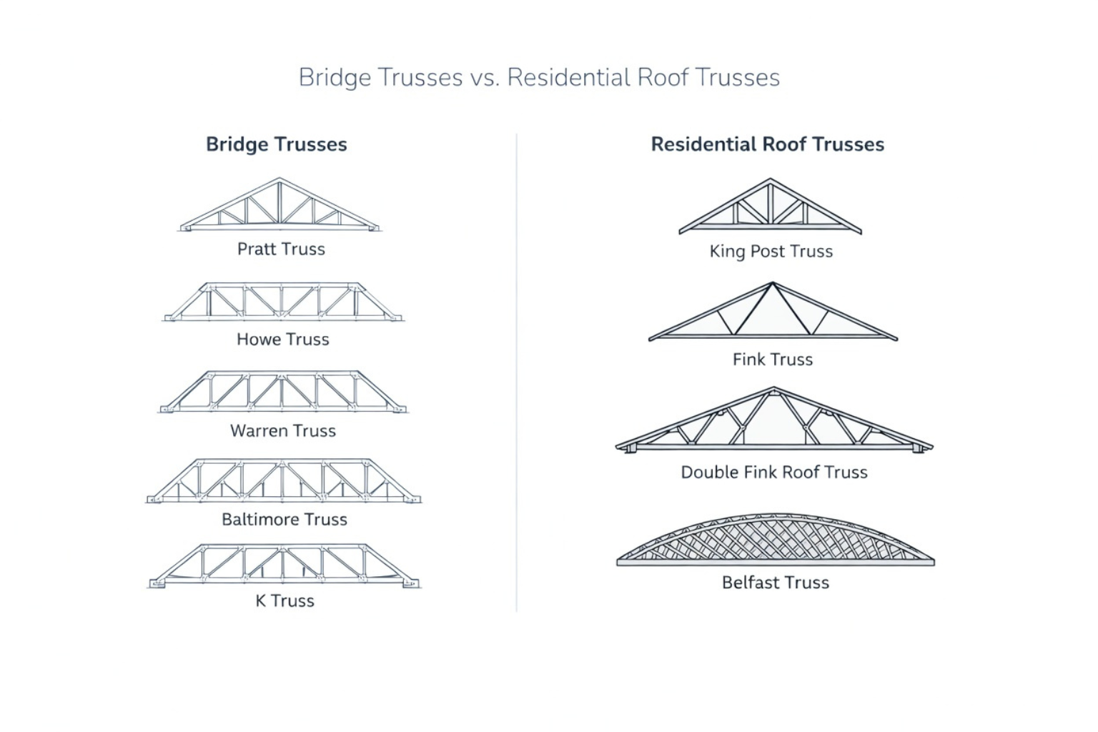 Comparison of bridge trusses and residential roof trusses with labeled examples.