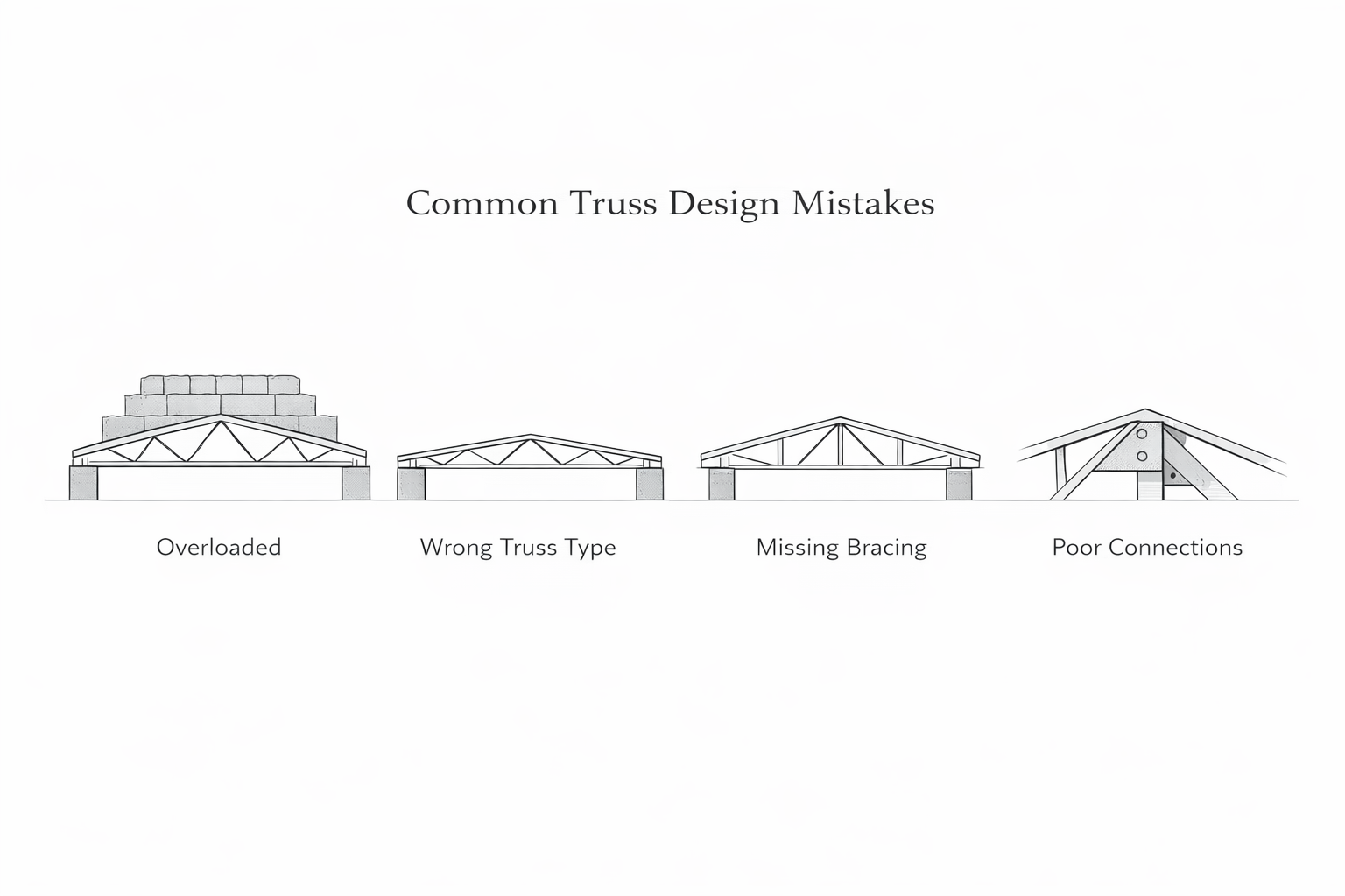 Diagram showing four common truss design mistakes: overload, wrong truss type, missing bracing, and poor connections.