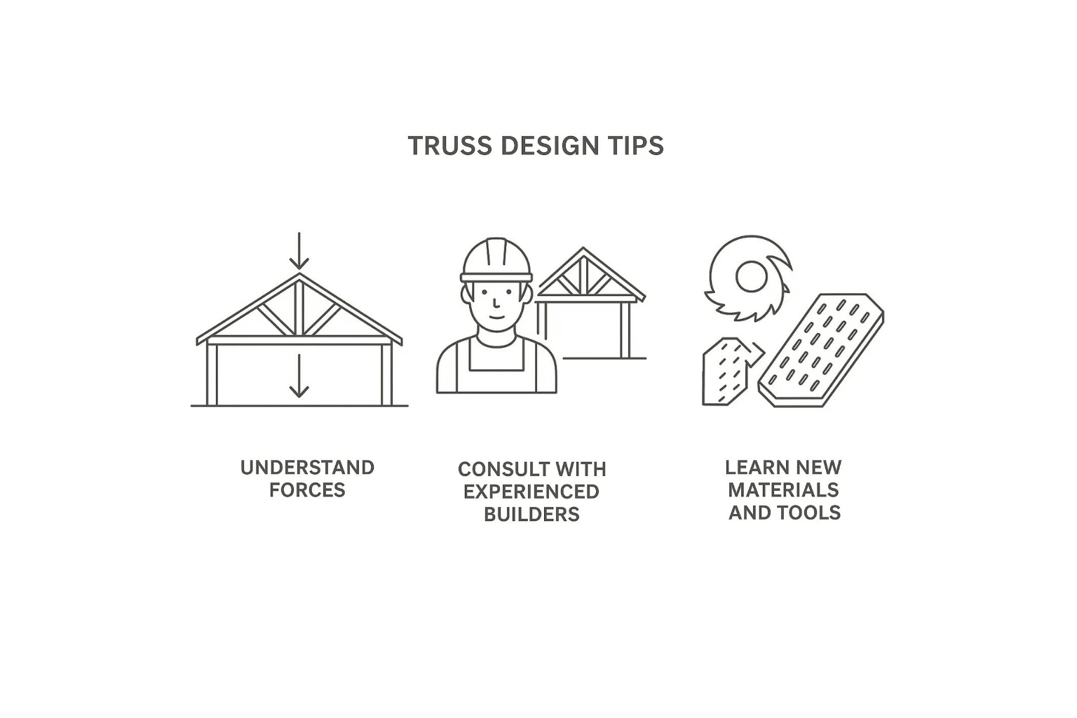 A diagram showing beginner truss design tips: understanding forces, consulting builders, and learning new tools.
