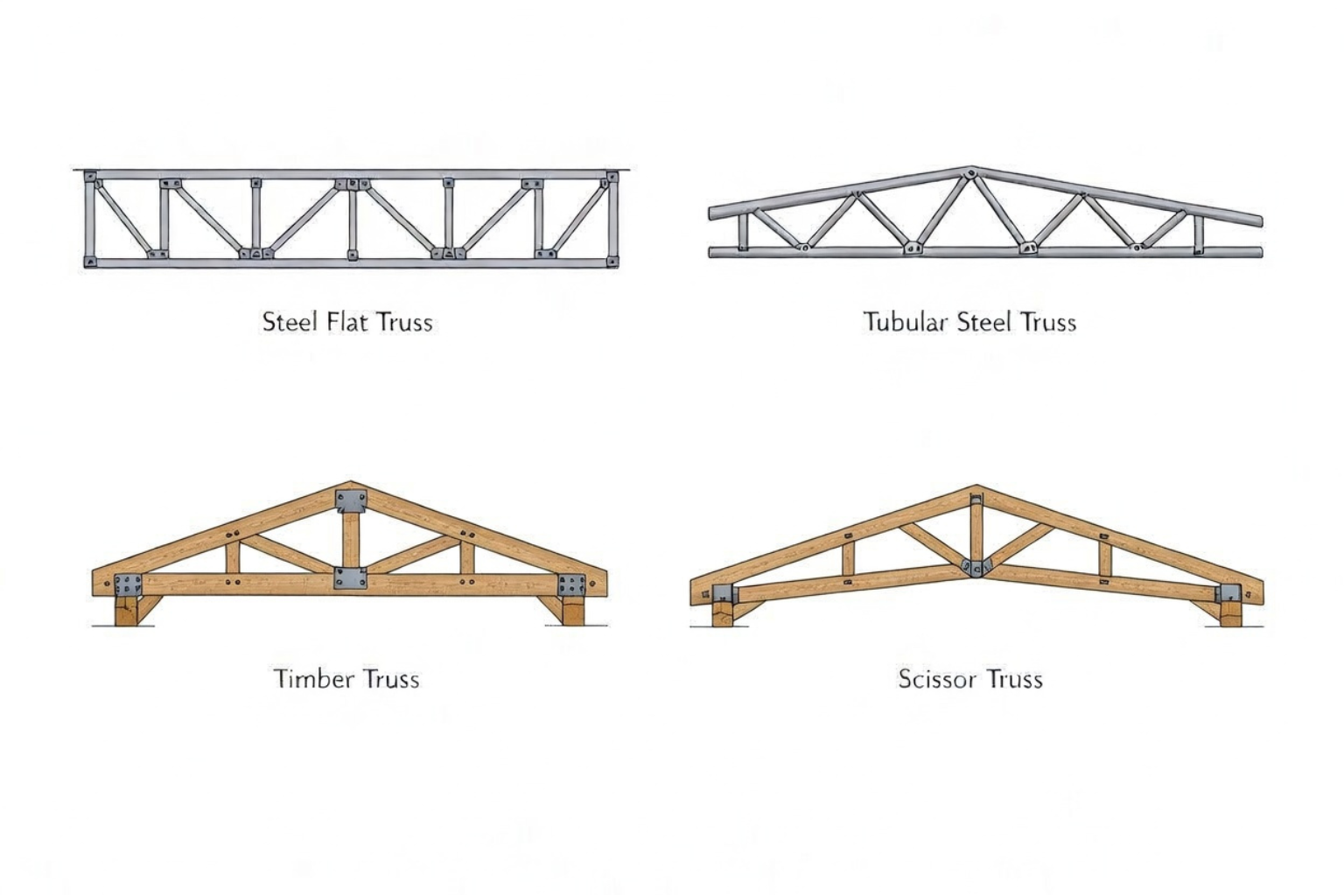 Comparison of flat steel, tubular steel, timber, and scissor roof truss systems.