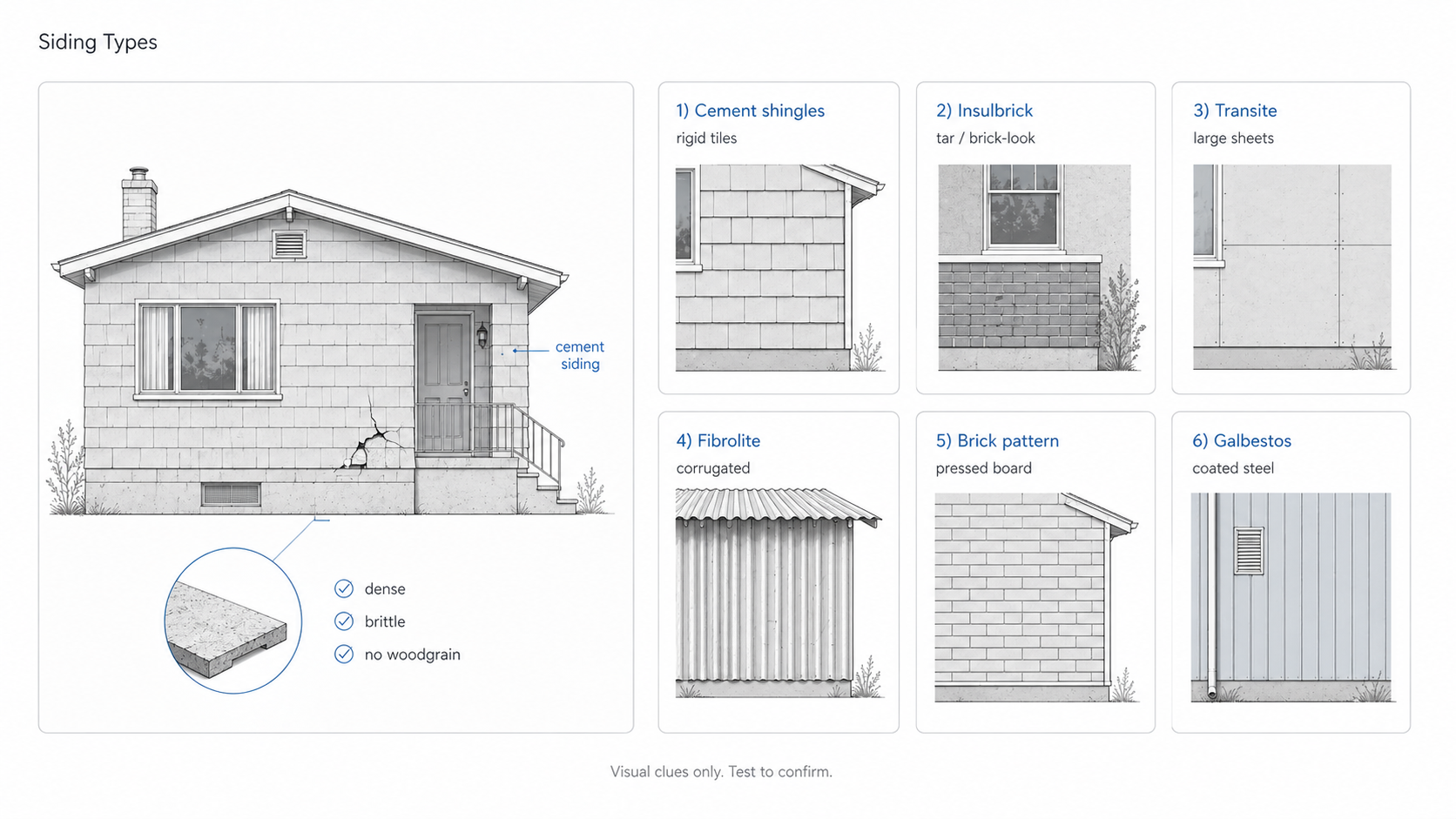 Diagram showing common asbestos siding types, including cement shingles, Insulbrick, transite, fibrolite, brick-pattern board, and galbestos.