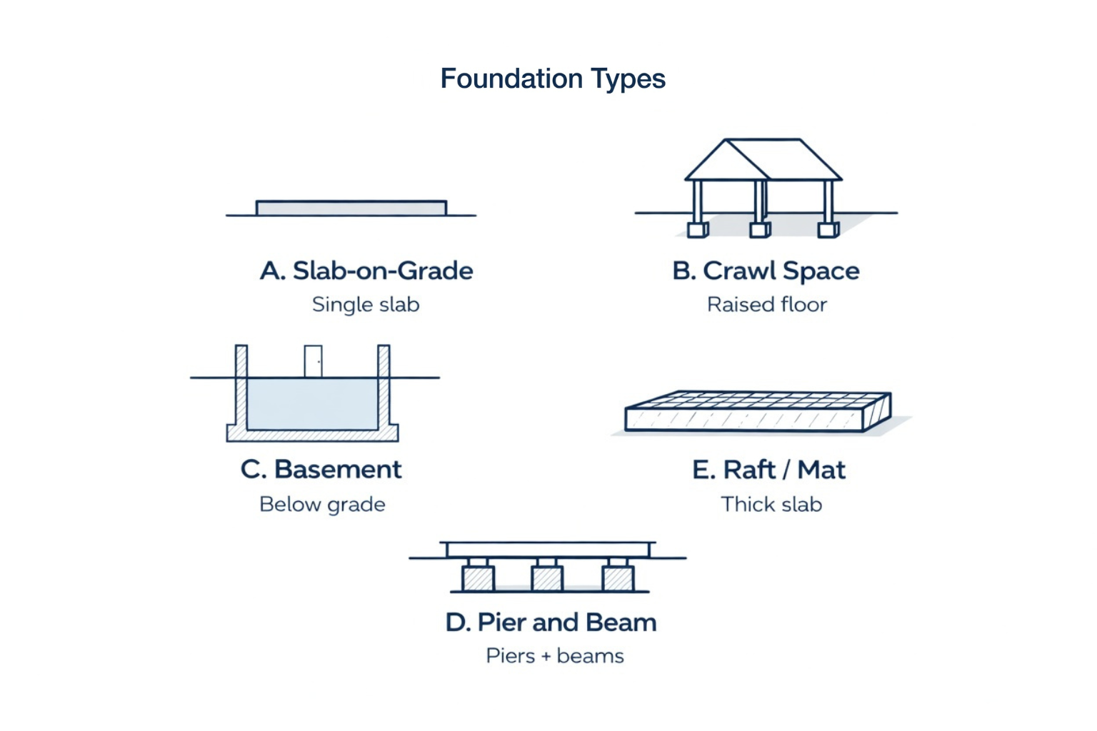 Showing slab, crawl space, basement, pier-and-beam, and raft concrete foundation types.