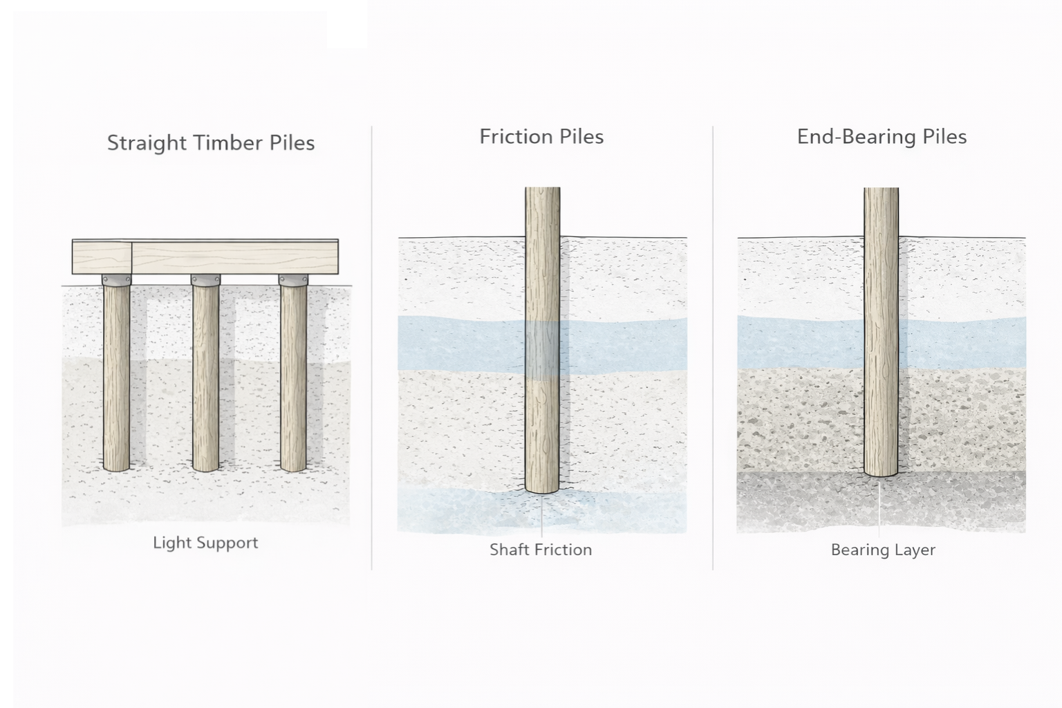 Showing common types of pile foundations.
