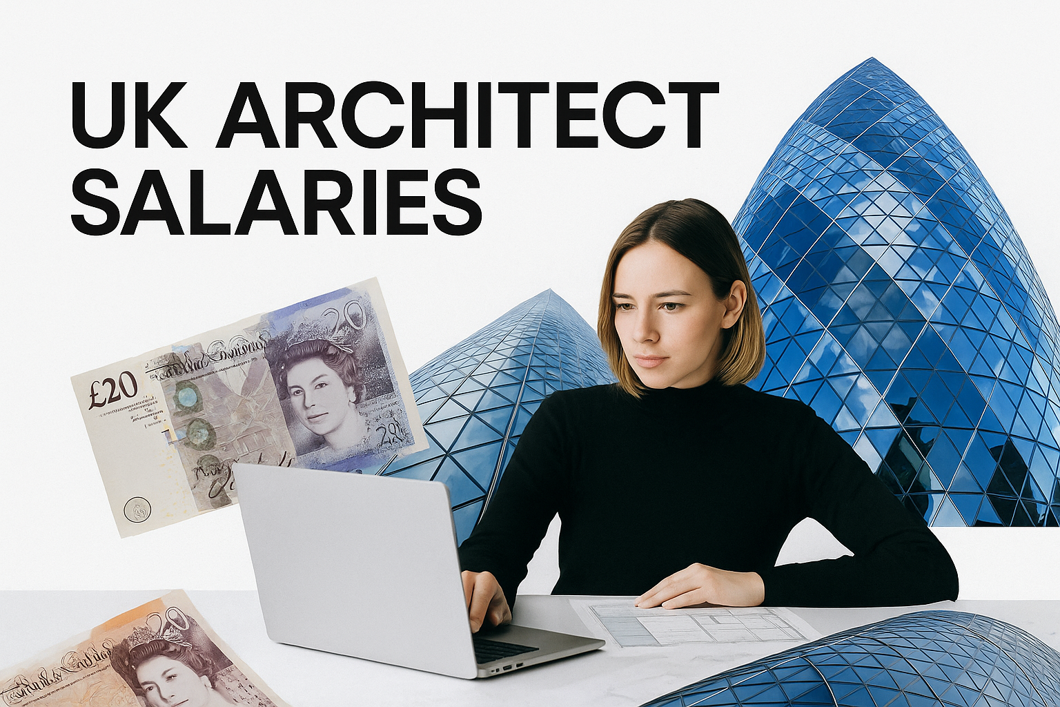 Happy architect working on laptop with design plans in a UK setting.