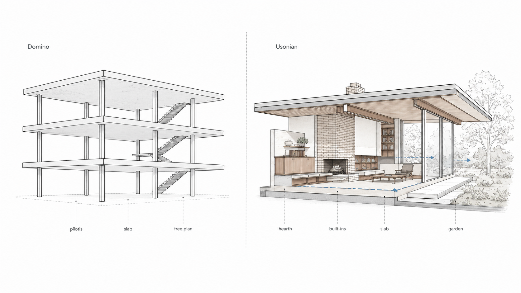 Comparison diagram showing a Le Corbusier Dom-Ino structural frame beside a Wright-inspired Usonian house, contrasting pilotis, slab, free plan, hearth, built-ins, and garden connection.