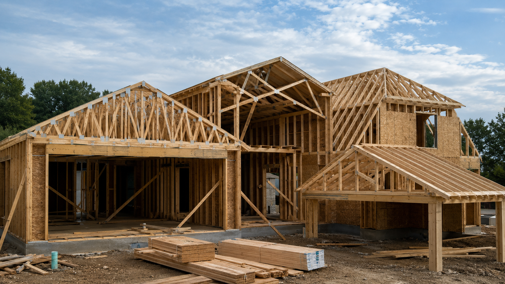Residential house framing with several exposed roof truss shapes on an active construction site.