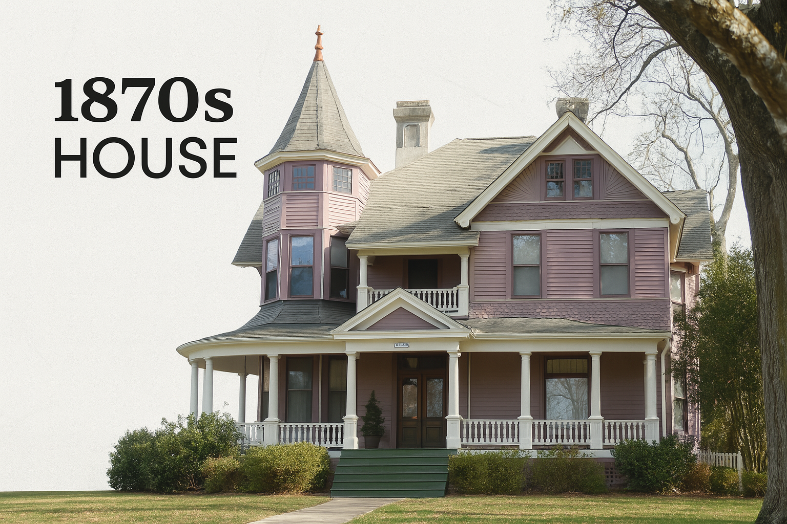 Restored 1870s Victorian house with turret, gable roof, large porch, and intricate woodwork in a landscaped front yard.