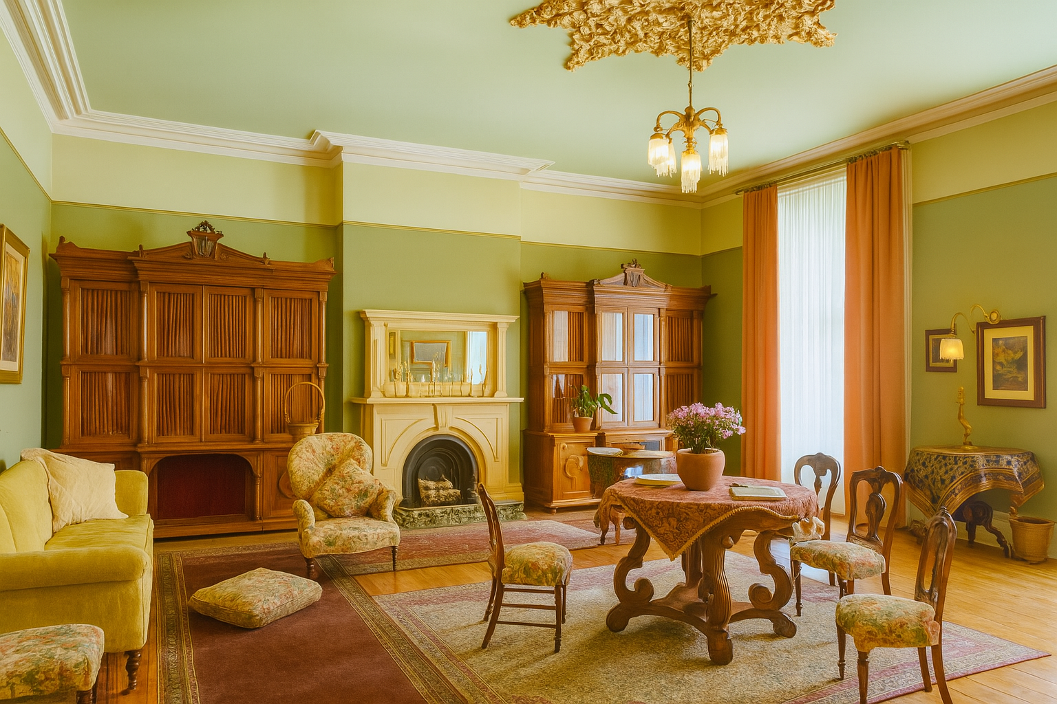 Colorized photo of a Victorian-era living room with ornate furniture and a central table.