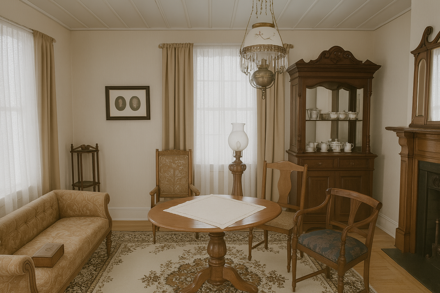 Victorian living room with symmetrical furniture and period decor.