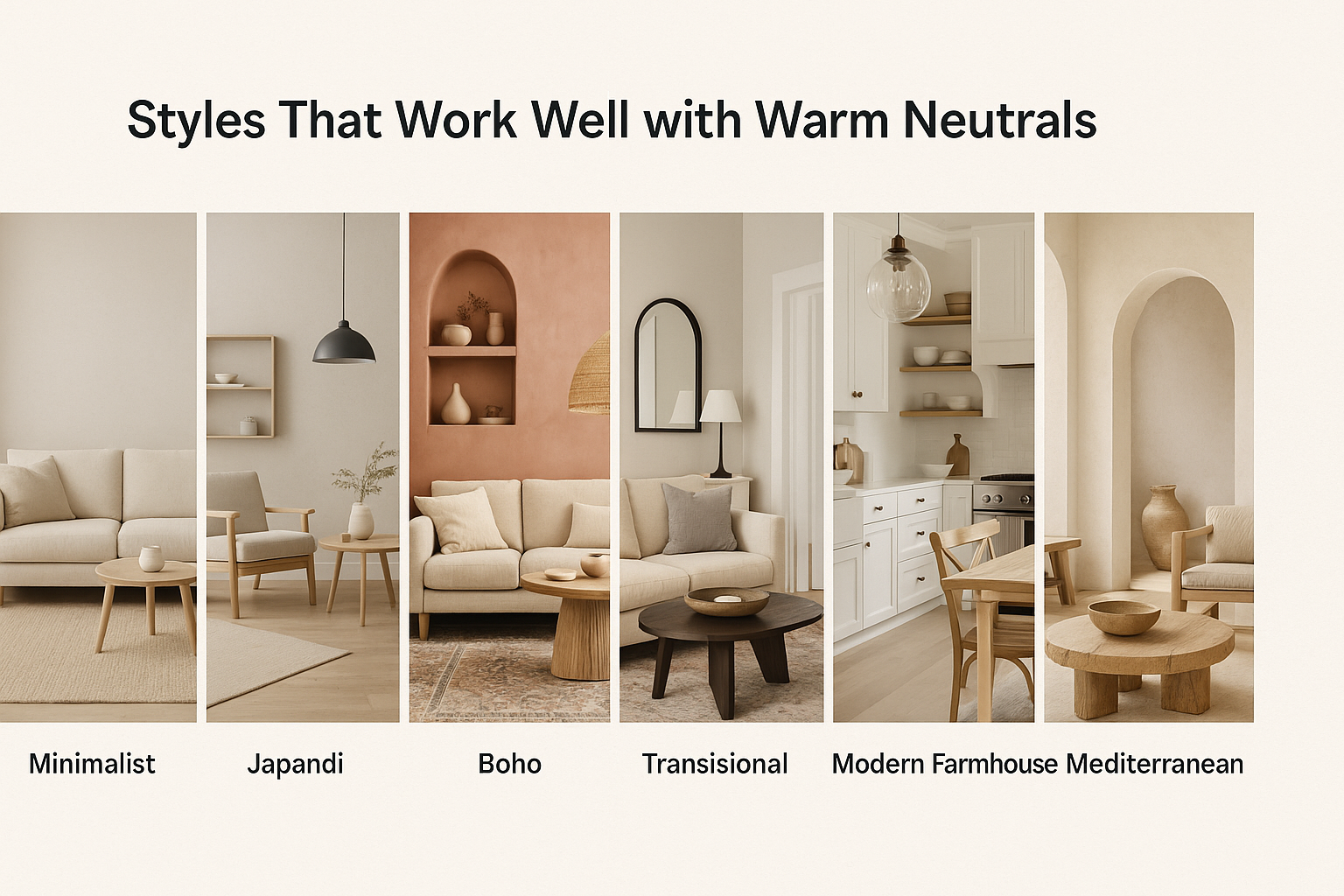 Guide to warm neutral palettes across popular home design styles.