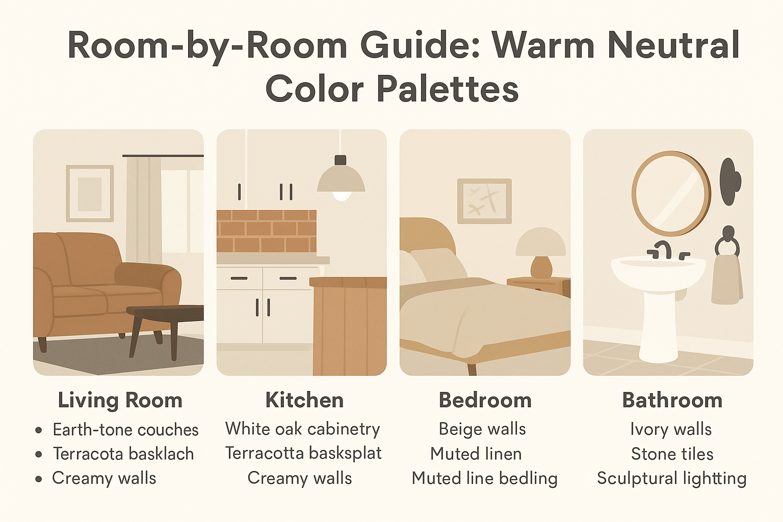 Room-by-room guide for using warm neutrals in home interiors.