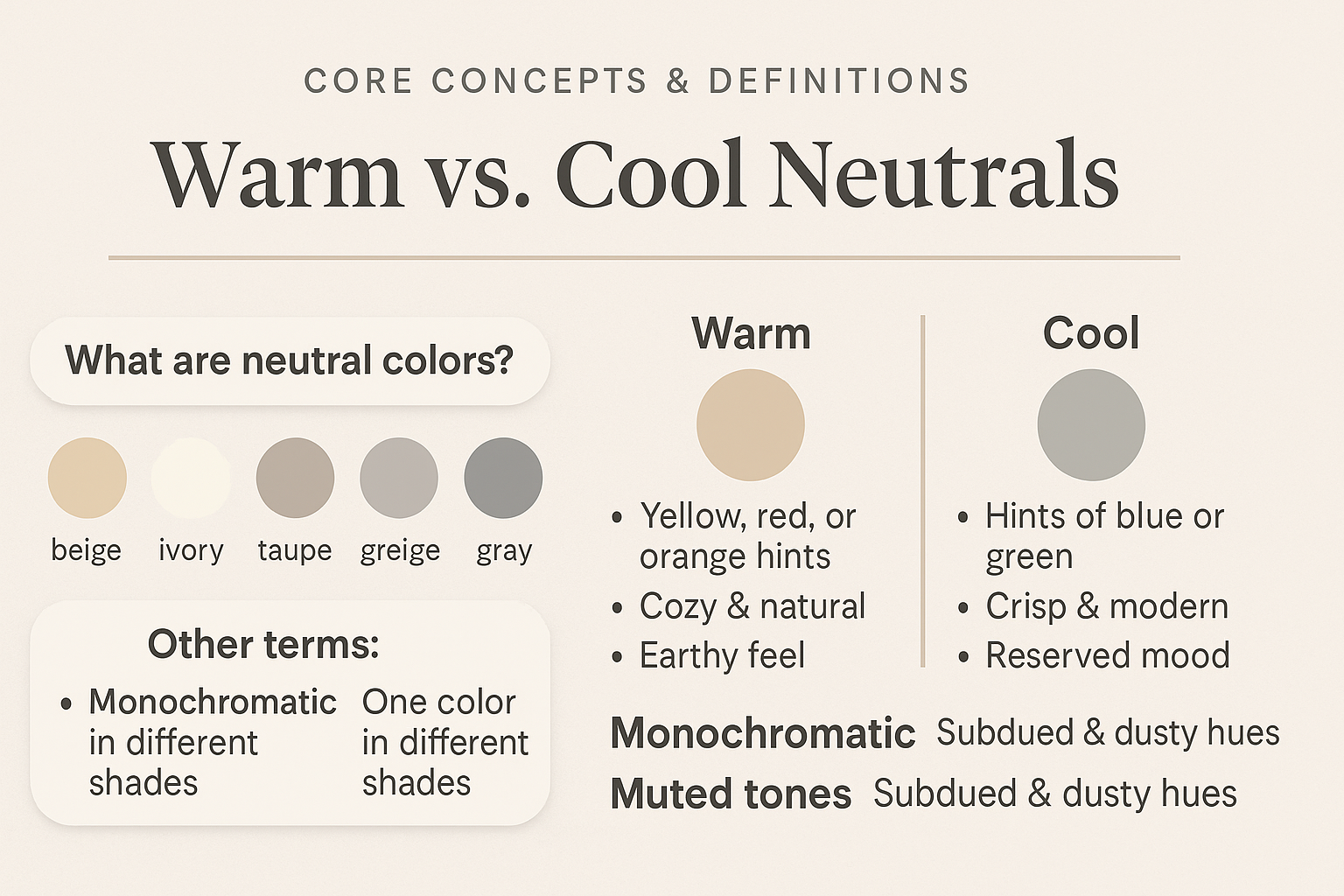 Chart comparing warm and cool neutral colors in interior design.