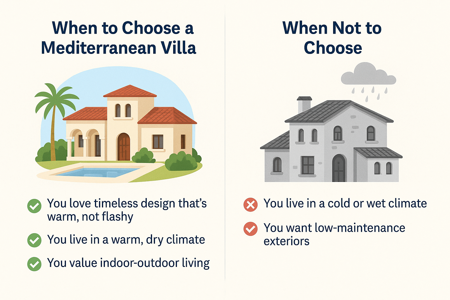 Side-by-side comparison of Mediterranean and non-Mediterranean villa styles.