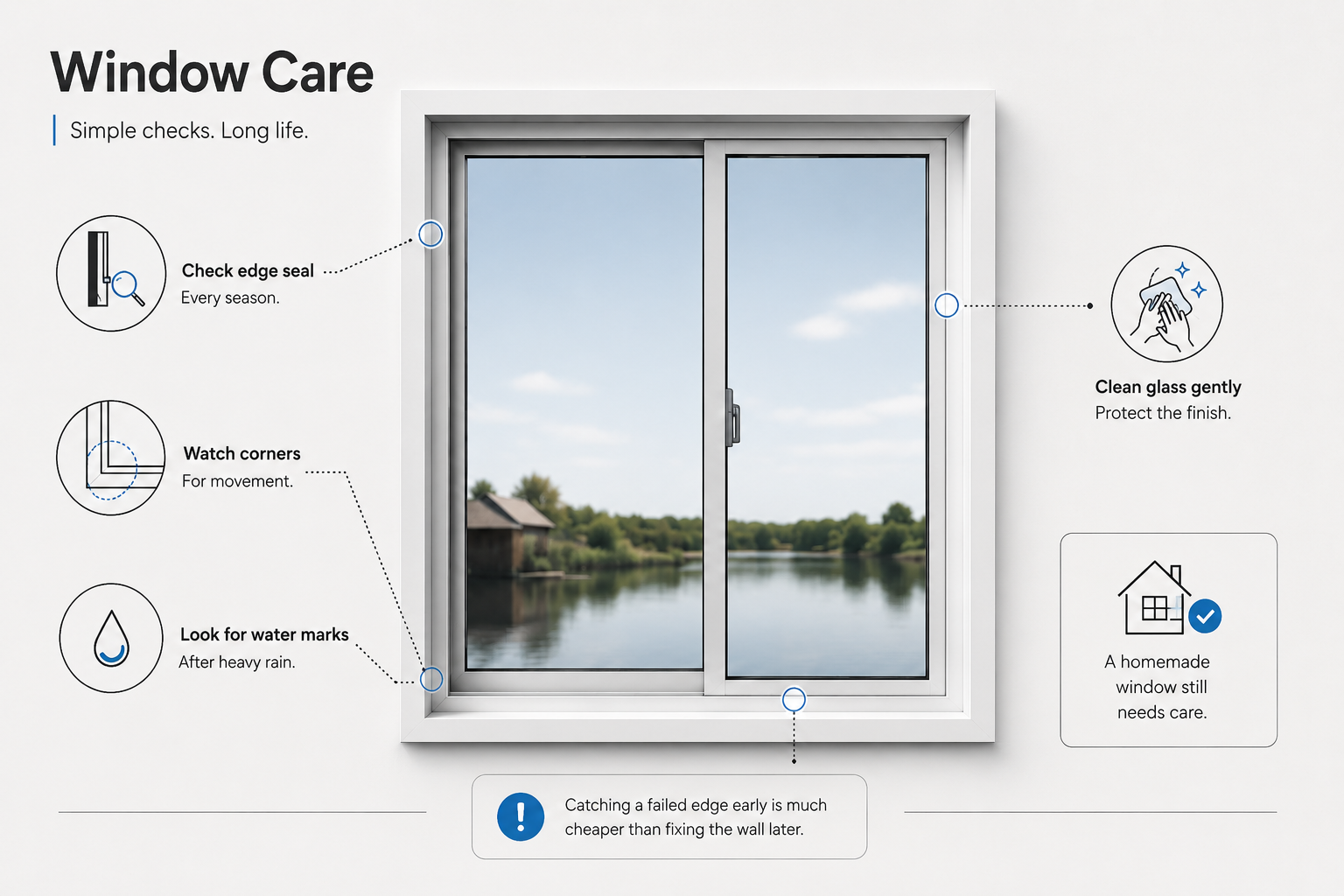Window maintenance diagram showing seal checks, corner movement, glass cleaning, and water mark inspection.