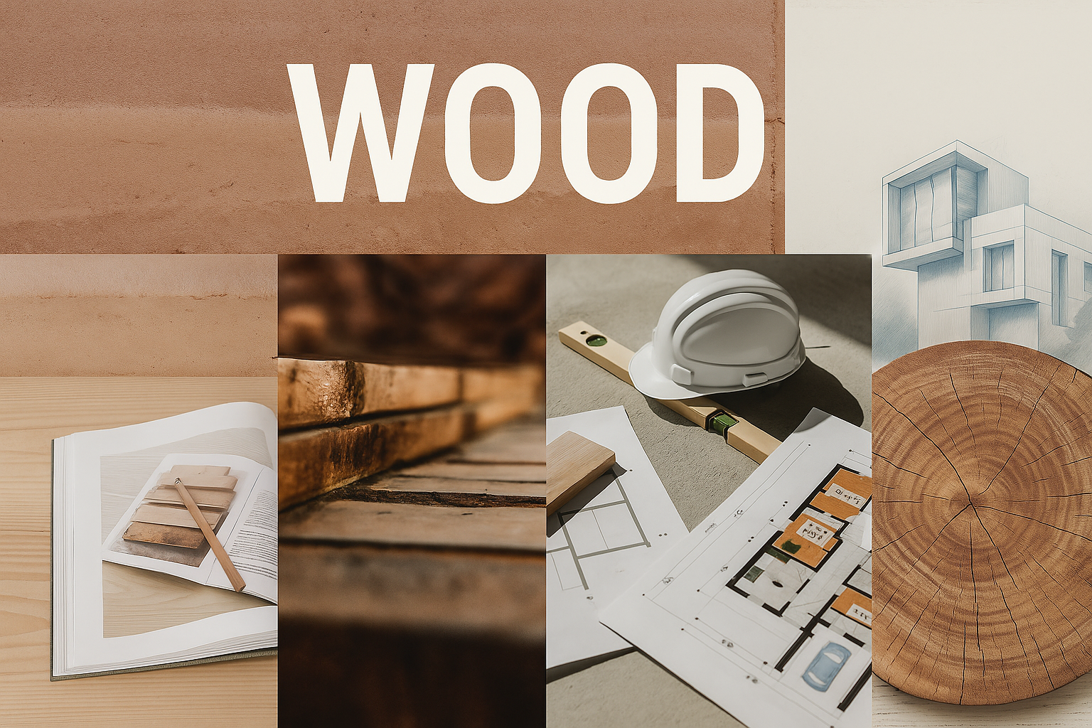 Collage of wood textures and materials used in architectural design.