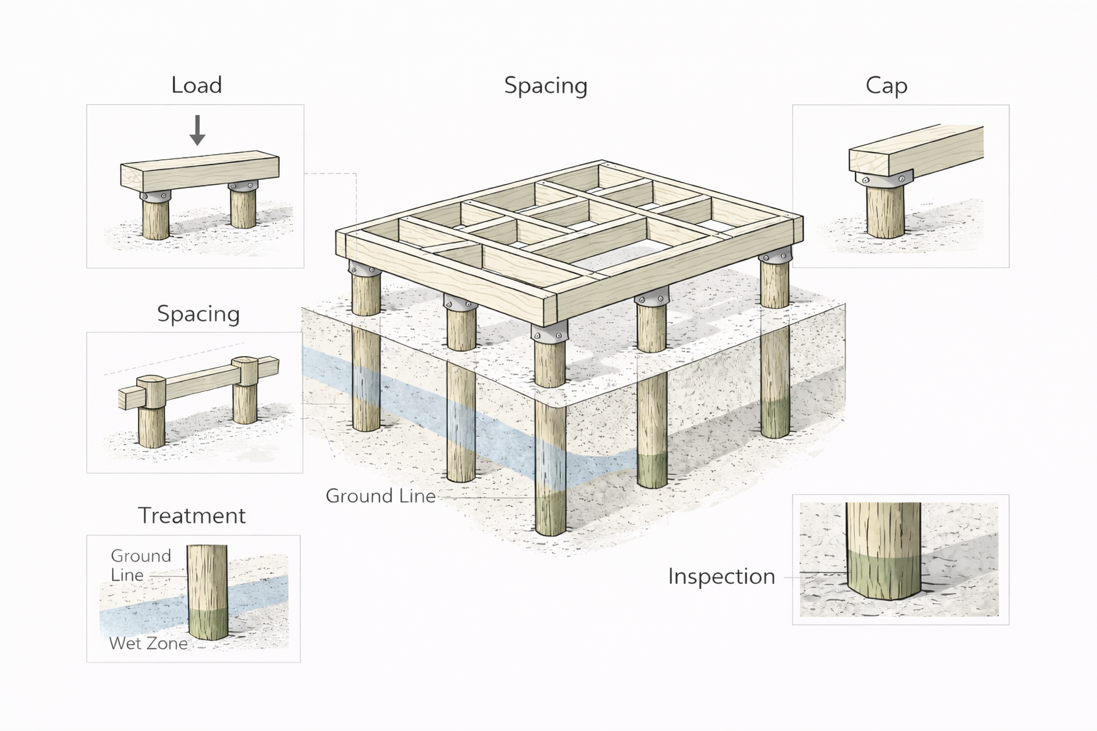 Key components of wood piling foundation design including load-bearing, spacing, treatment, cap, and inspection.