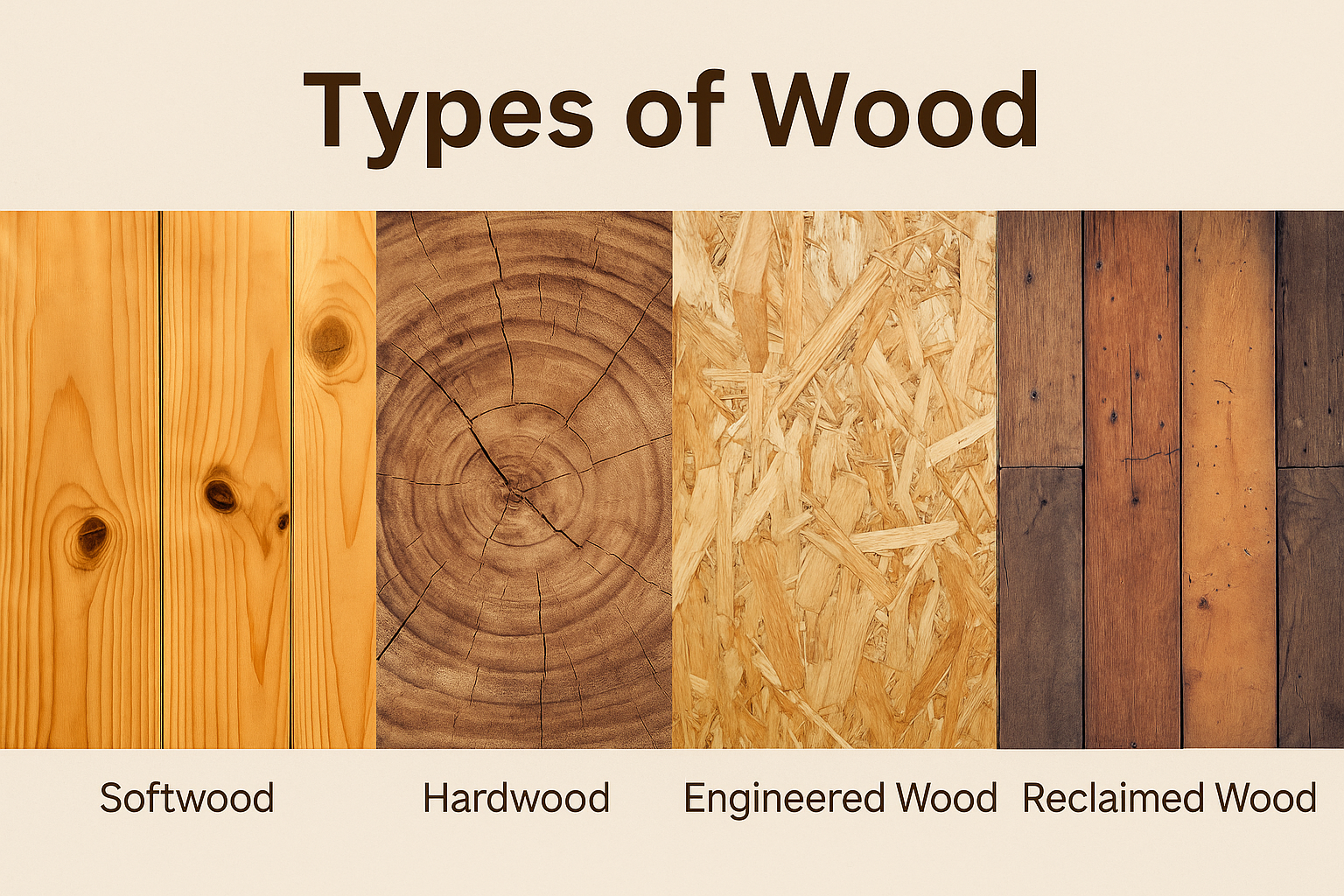 Common wood types used in architecture and construction.