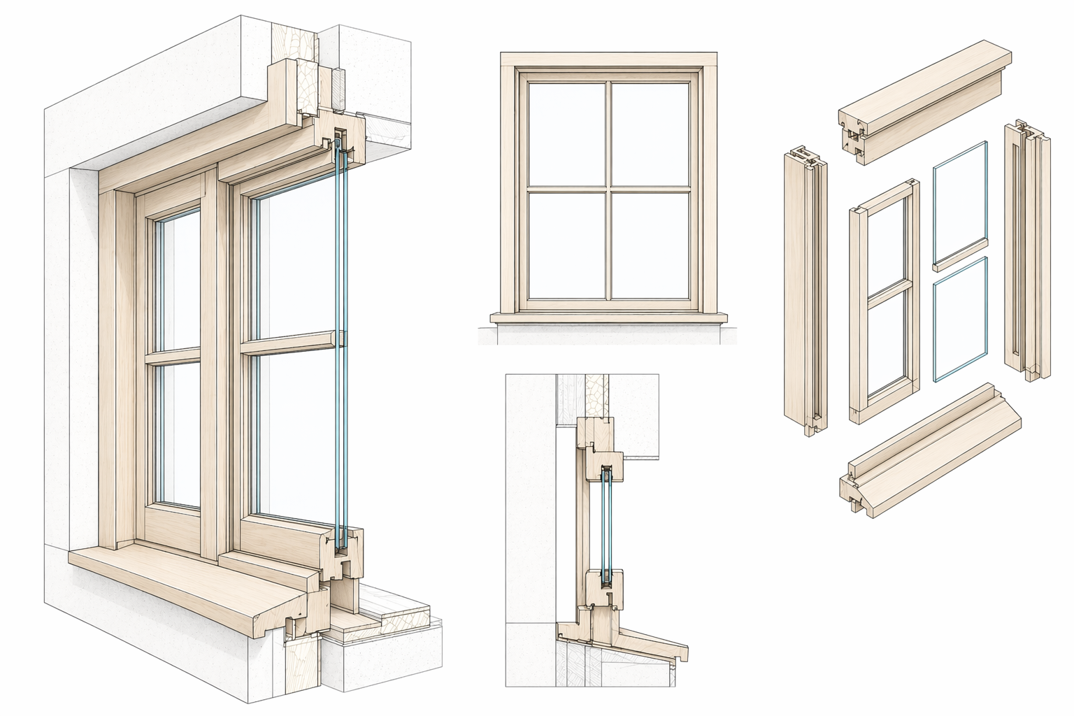 Wood window composition showing frame, sash, glazing, sill section, and exploded assembly parts.