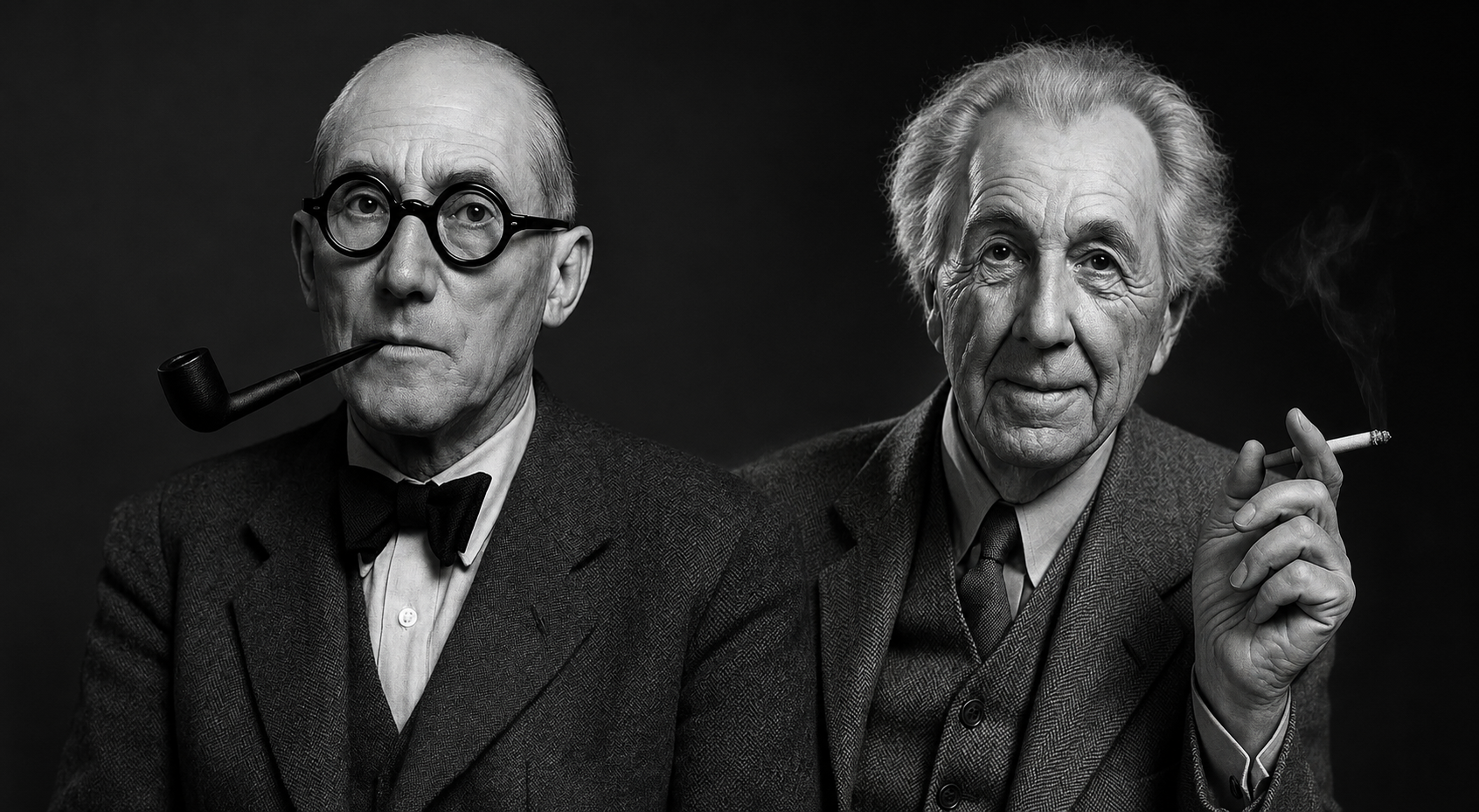 Frank Lloyd Wright with a cigarette and Le Corbusier holding a pipe.