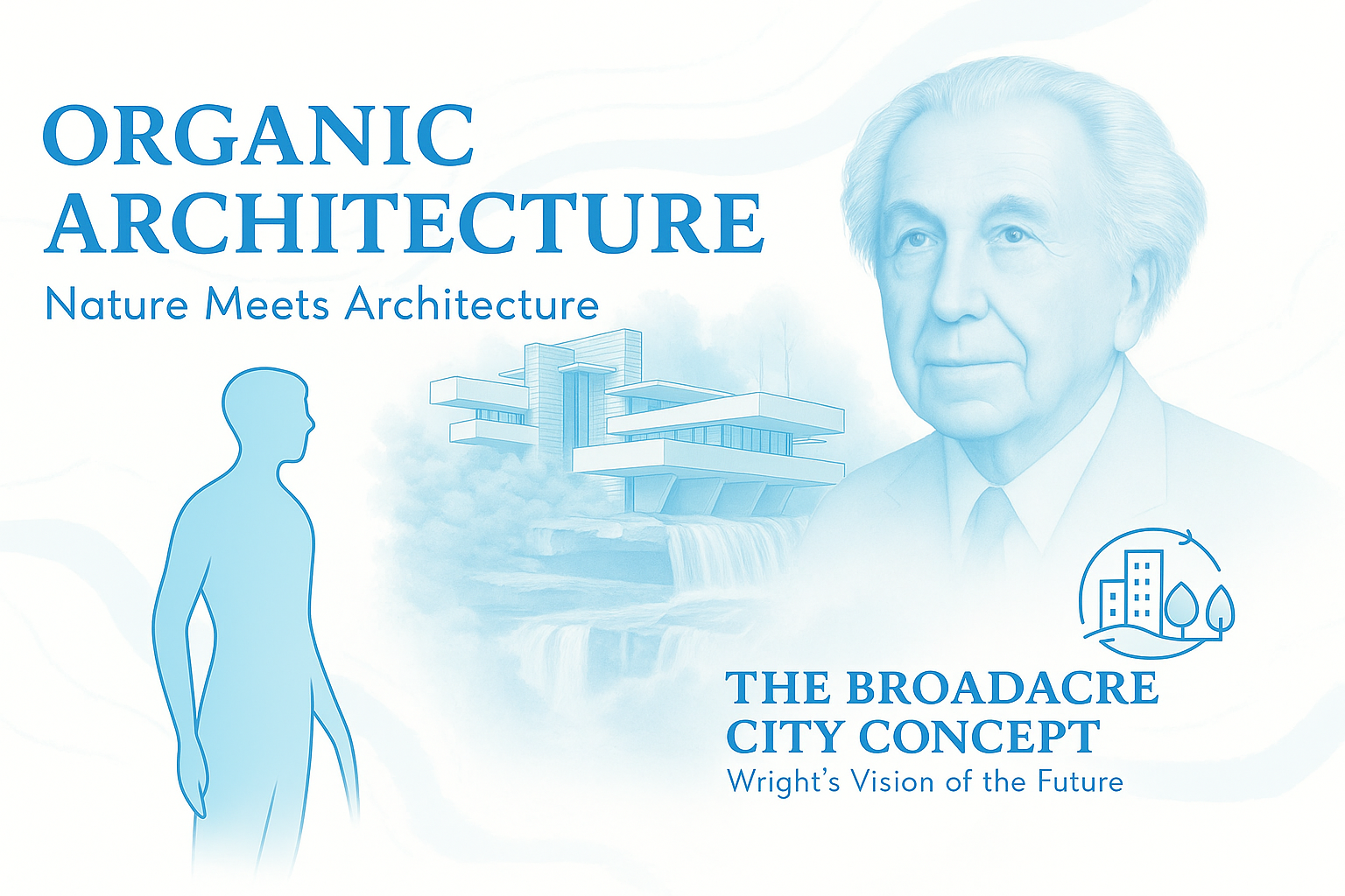 Collage of Frank Lloyd Wright’s Fallingwater and Broadacre City, highlighting his organic architecture approach that blends buildings with nature.