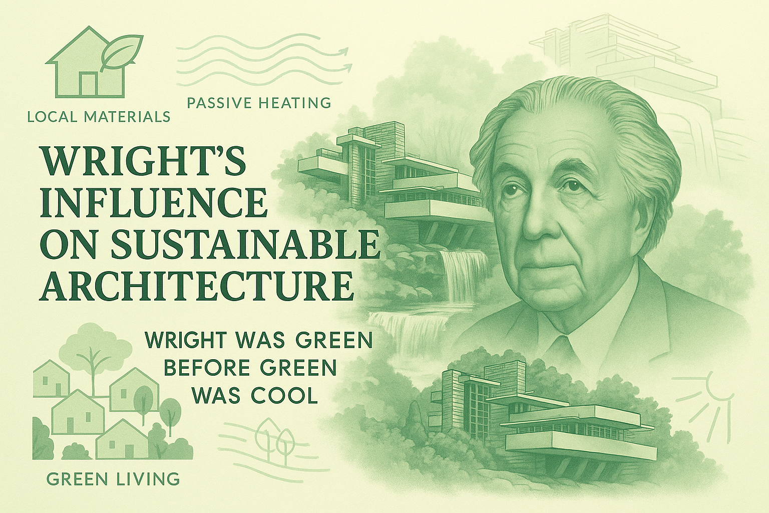Frank Lloyd Wright illustration with Fallingwater and green living icons, showing sustainable design principles.