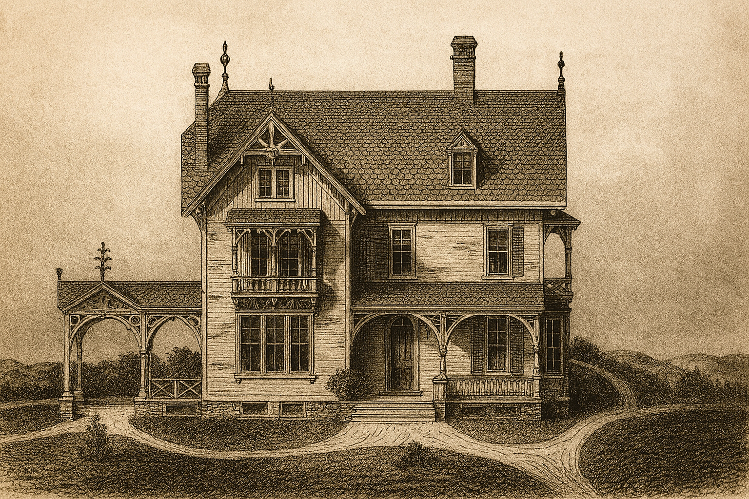 A home from the 1860s with ornate trim and steep roofs.