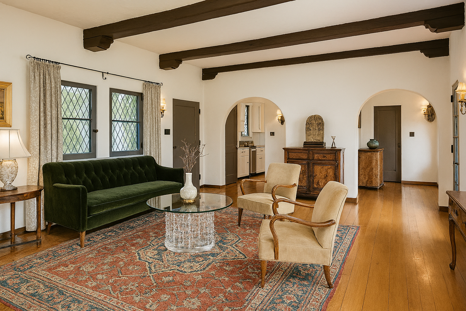 Spacious 1920s-style living room with rearranged furniture, muted carpet, and updated window frames.