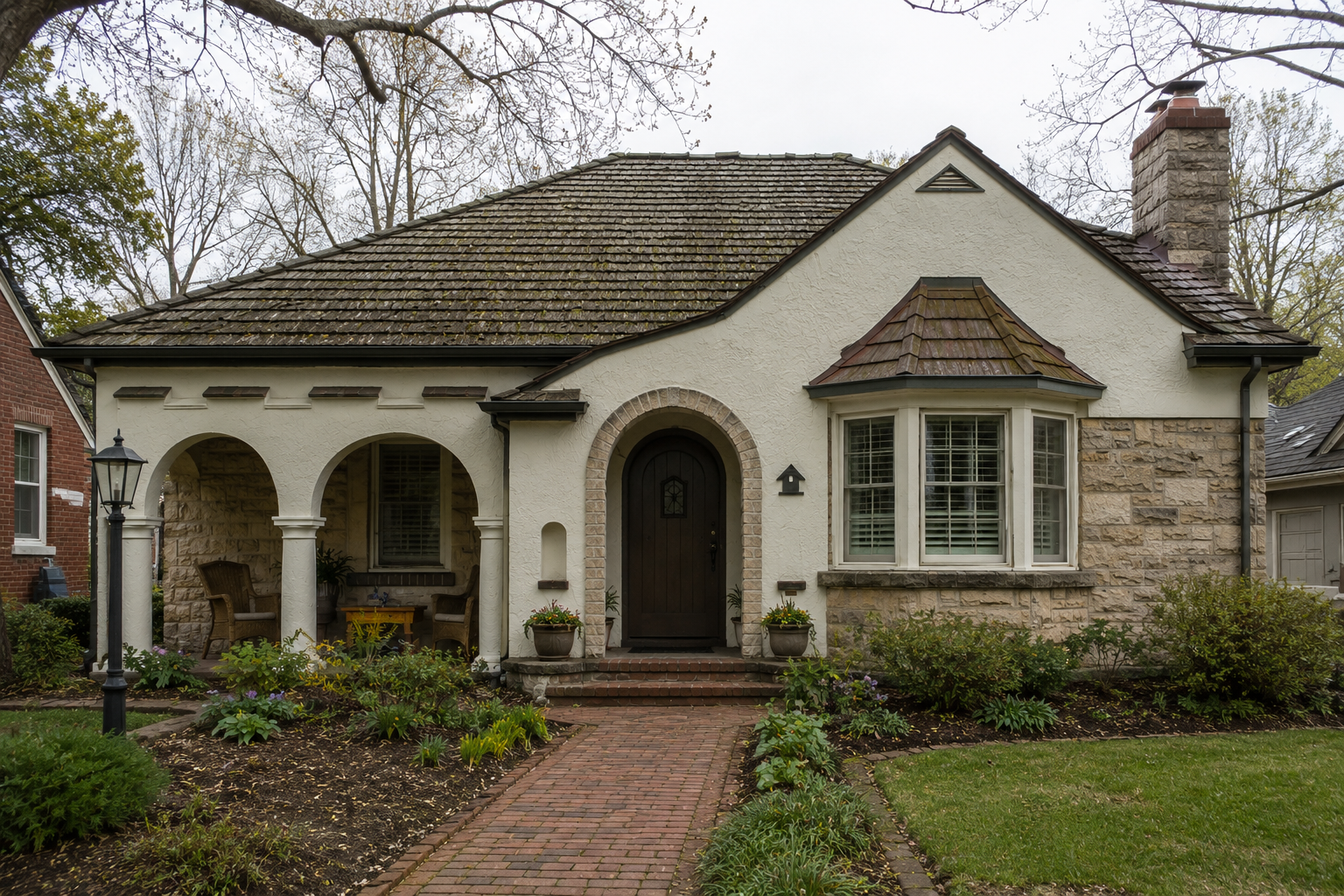 1940s house with simple lines, gabled roof, and modest front porch.