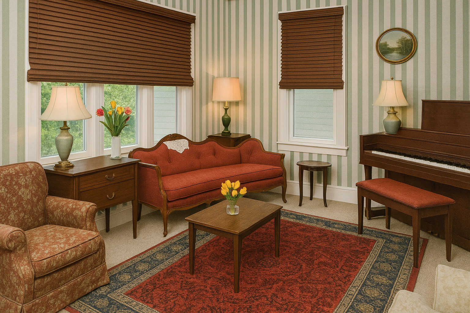 1940s living room with restored color showing vintage furniture and warm tones.