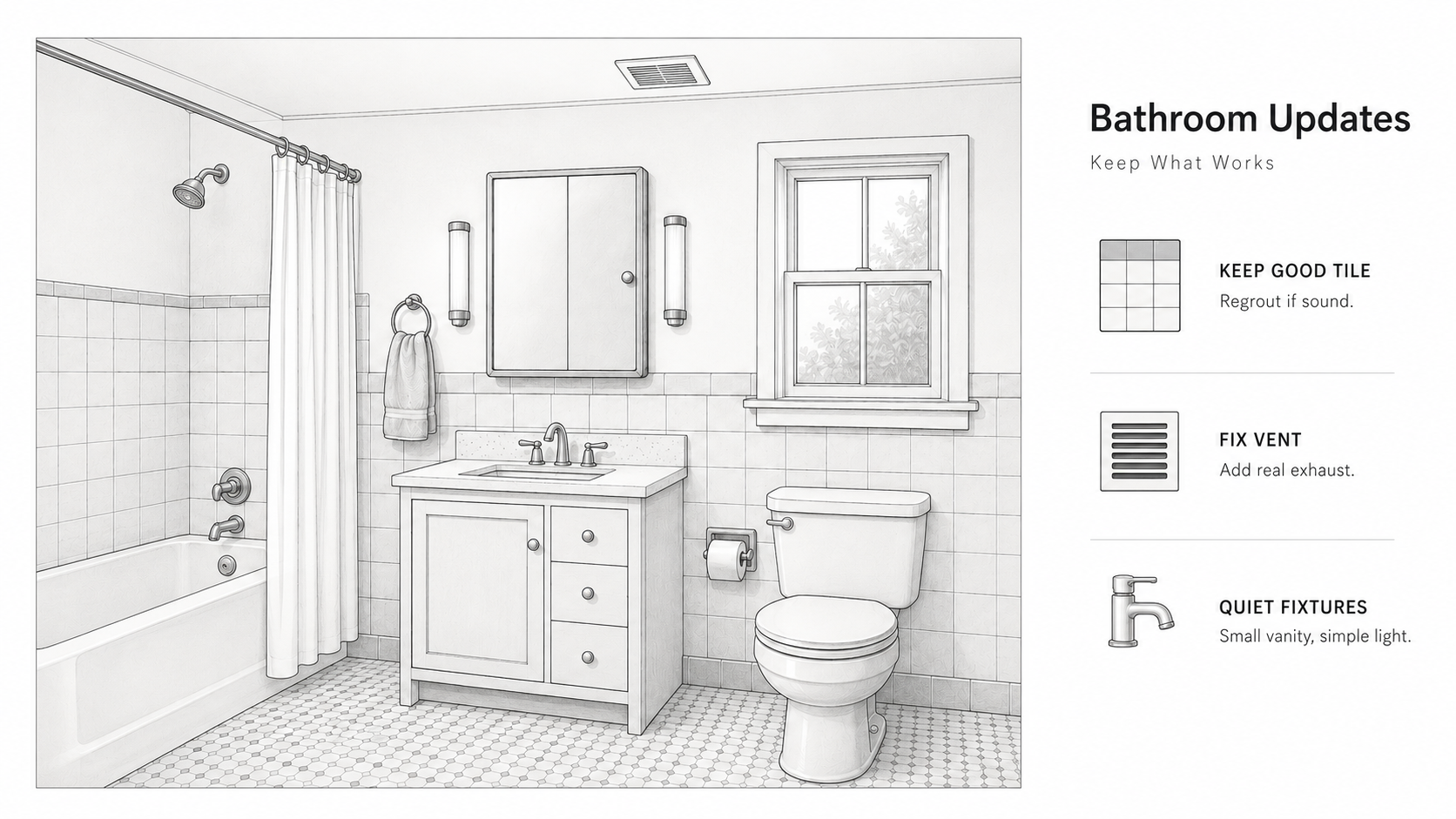 1950s bathroom remodel illustration showing good tile, real ventilation, and simple fixtures.