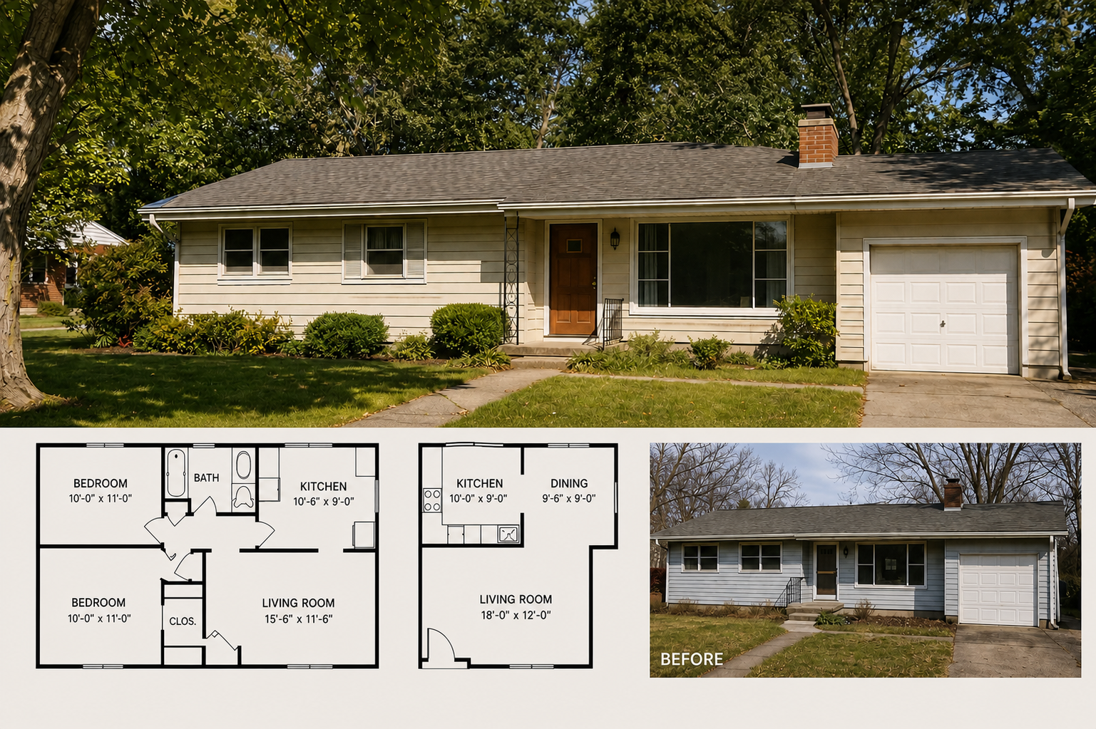 Diagram collage showing 1950s house remodeling changes with before and after exterior views, floor plans, and light-flow improvements.