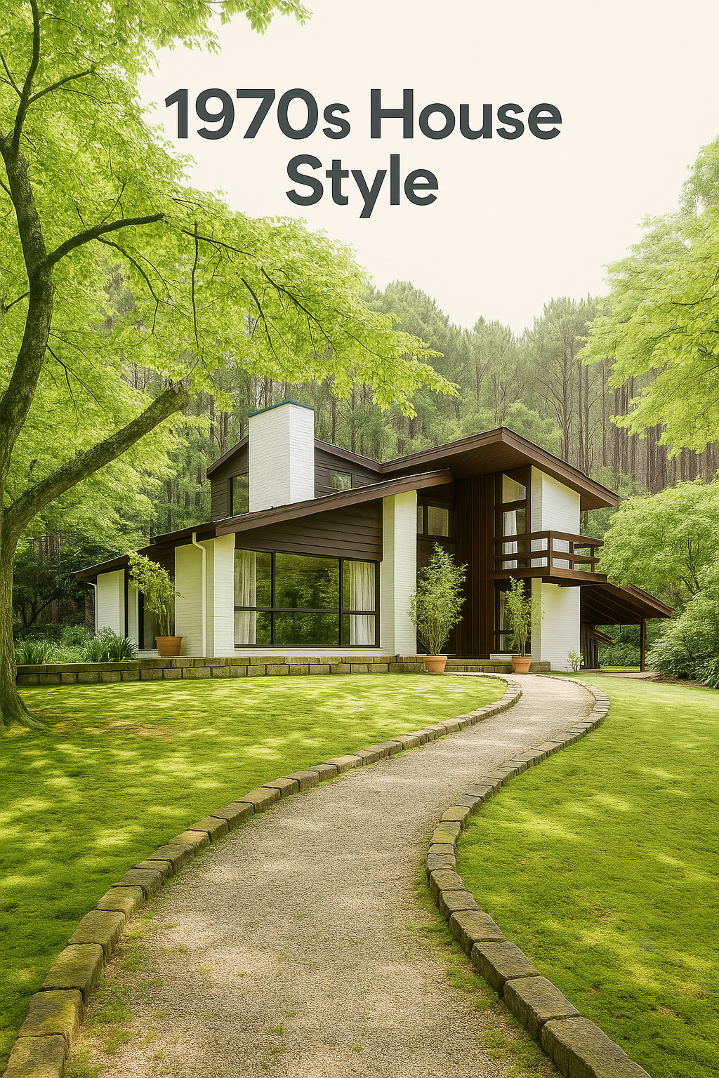 1970s house with wood paneling, large windows, and open-plan design