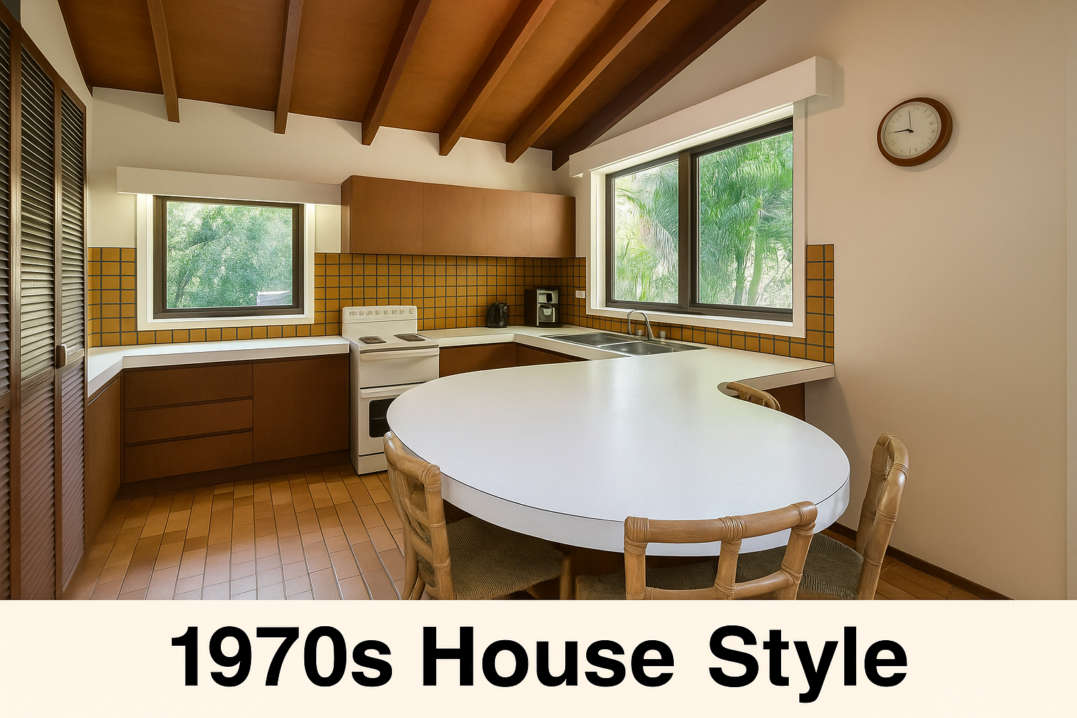 U-shaped 1970s kitchen with wood cabinets, yellow tiles, and a curved white peninsula.