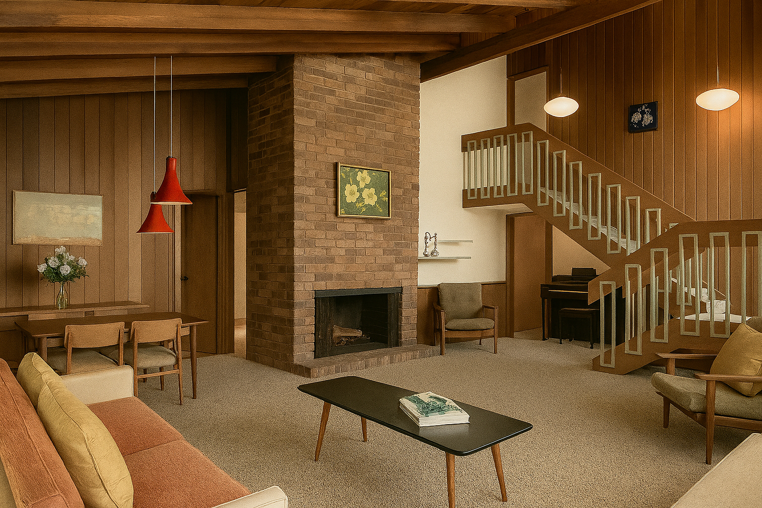 Mid-century 1970s living room with wood paneling, exposed beams, and vintage furniture.