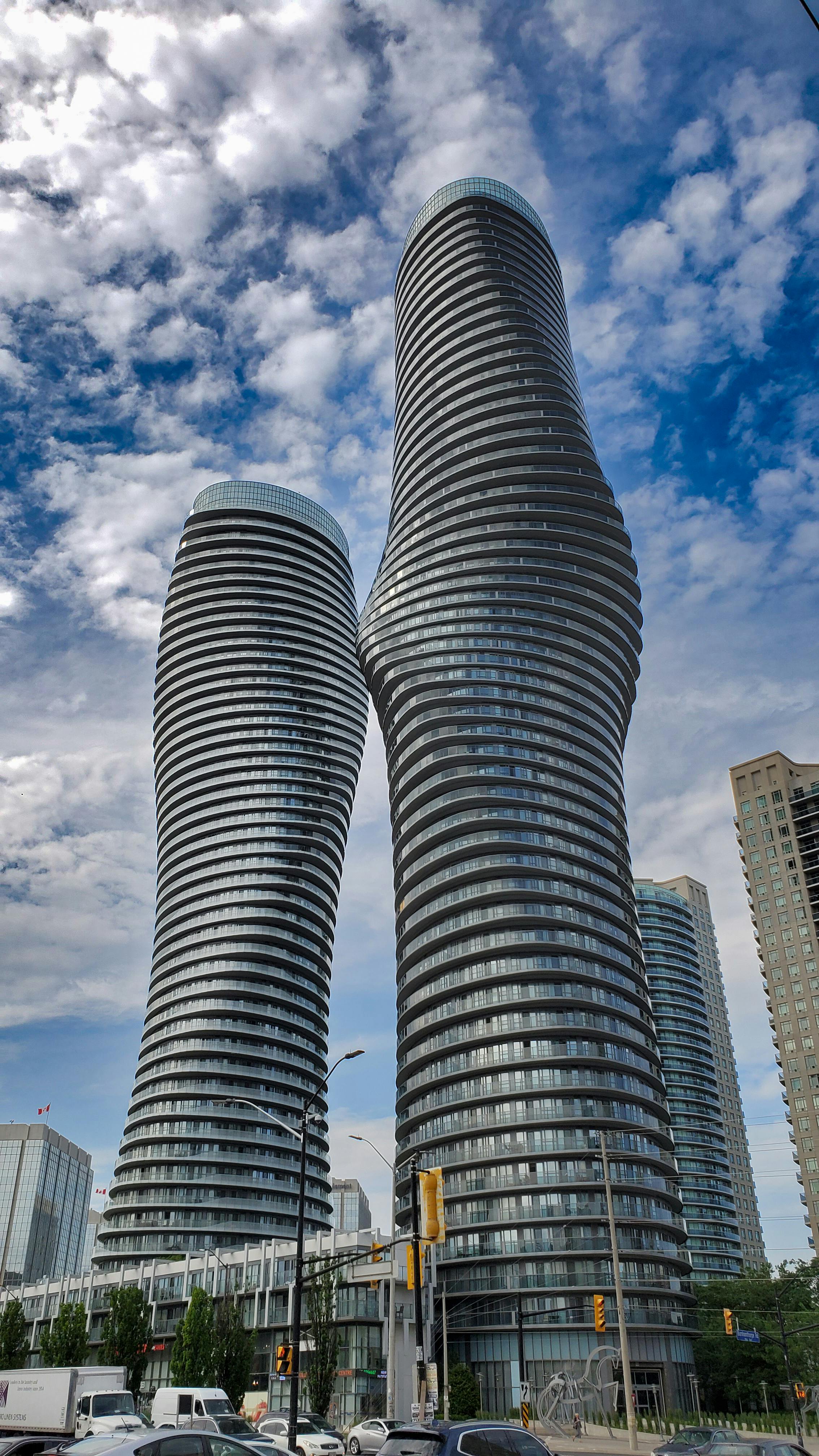 Twisting Absolute Towers in Mississauga skyline.
