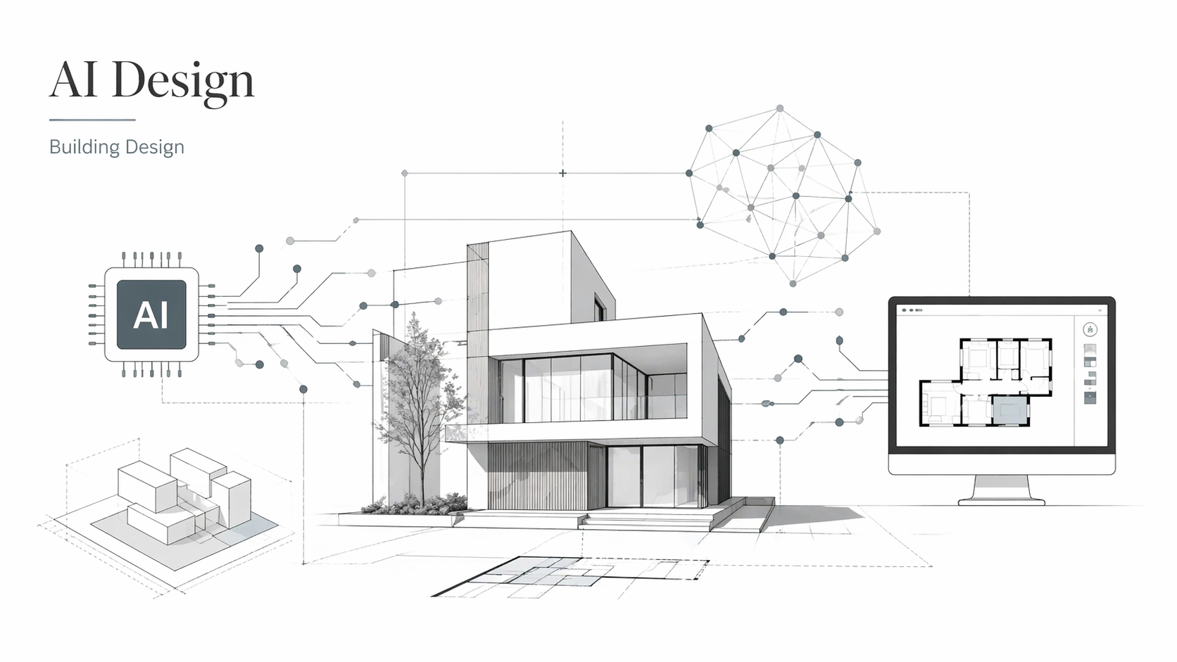 Showing AI chip, building, and floor plan monitor connected by neural lines.