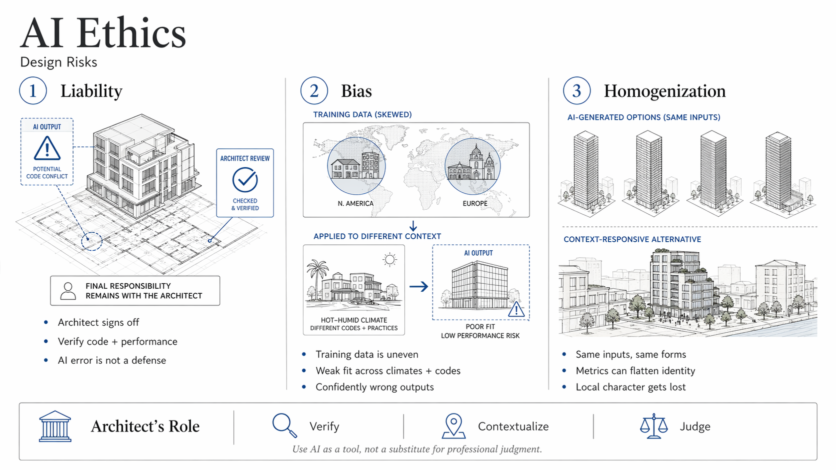 Infographic showing three AI ethics risks in architecture: liability, bias in training data, and homogenization of design output.