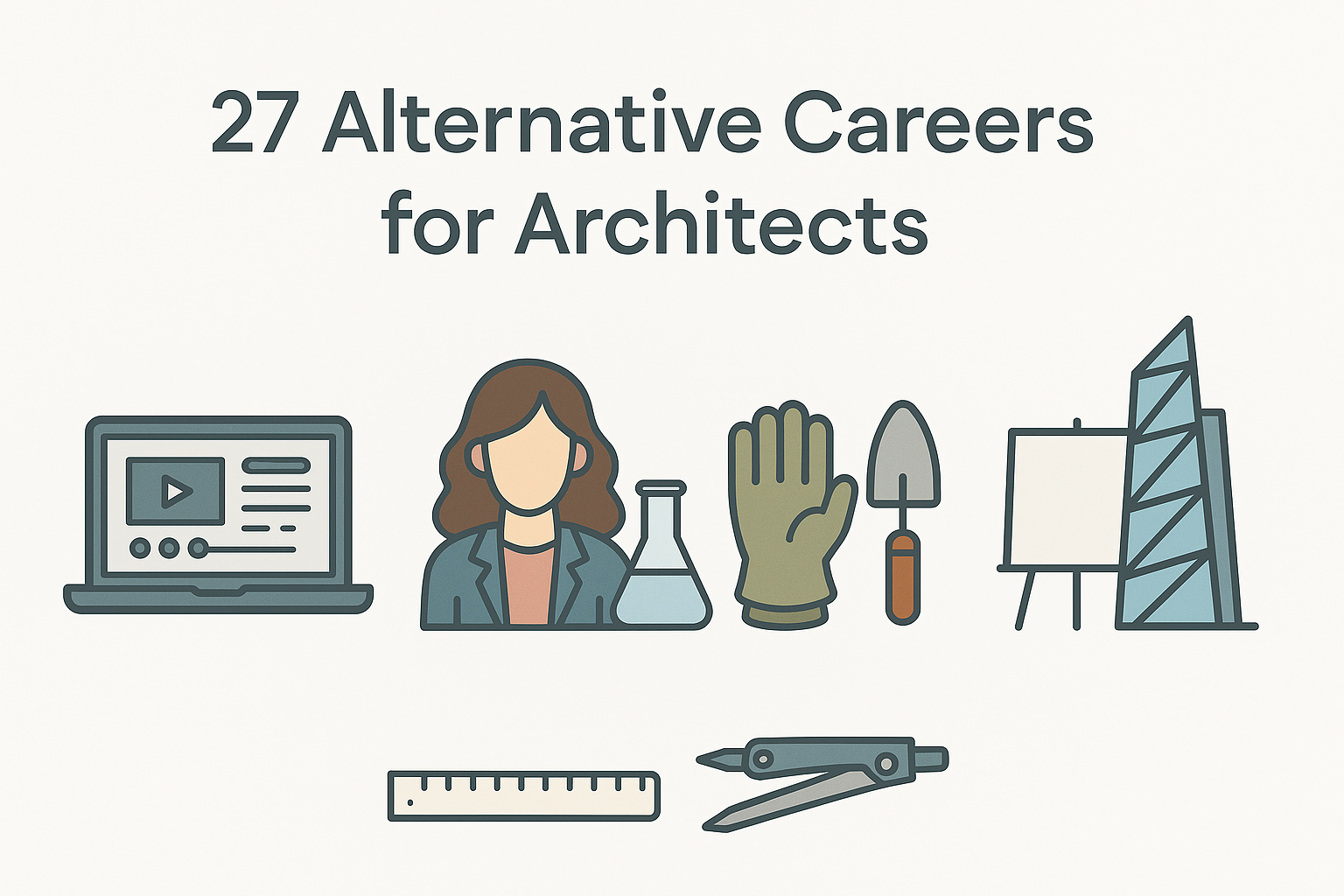 Flat-design infographic showing icons of 27 alternative careers for architects.