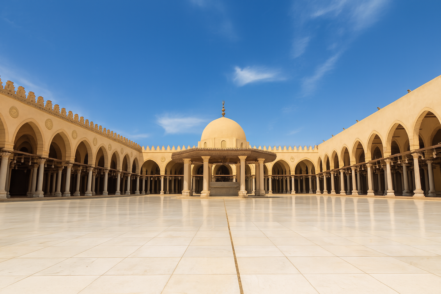 Wide view from the courtyard of the Mosque of Amr ibn al-As in Cairo.
