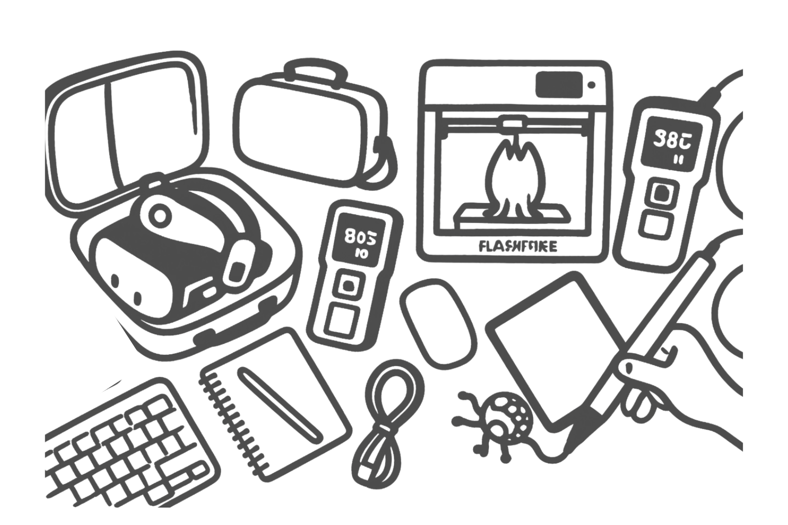 Collection of modern architectural tools including a laser measure, VR headset, 3D printer, tablet, and sketch gear—showcasing the technology architects actually use today.