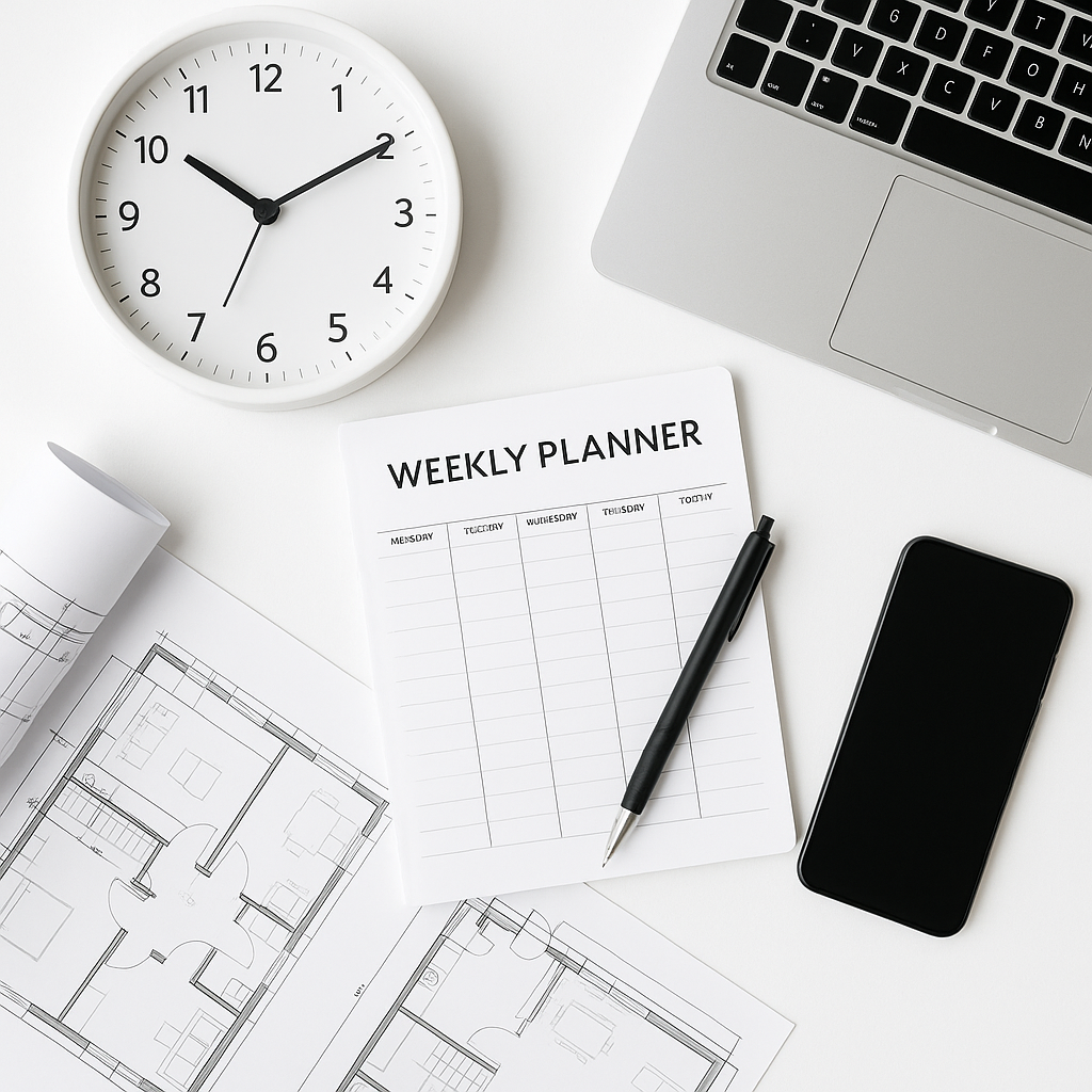 Flat lay of clock, planner, floorplans, and laptop for architect time management