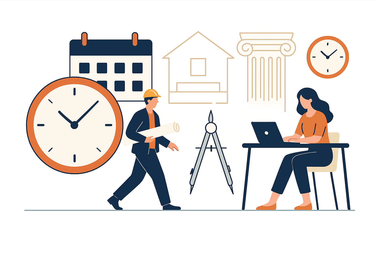 Illustration of architects managing time with clocks, calendar, laptop, and blueprint